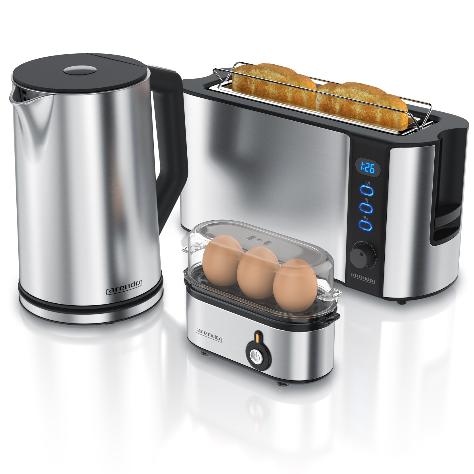 Arendo Frühstücks-Set in silber – Wasserkocher / Toaster / Eierkocher | 04062861057407