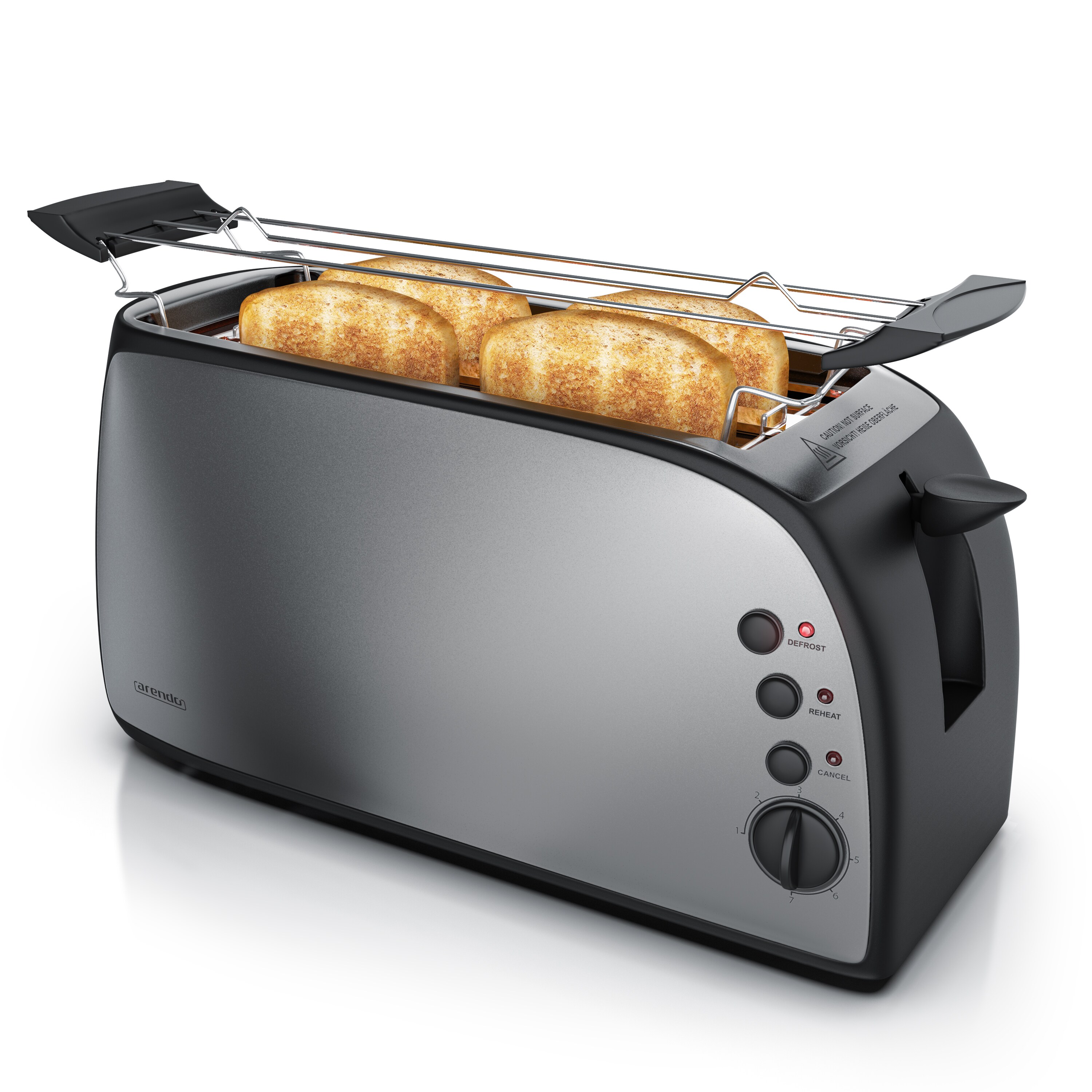 Arendo Toaster f&uuml;r 4 Scheiben, 1500W, Langschlitz, Br&ouml;tchenaufsatz, W&auml;rmeisoliert, Display, grau - Bild 1