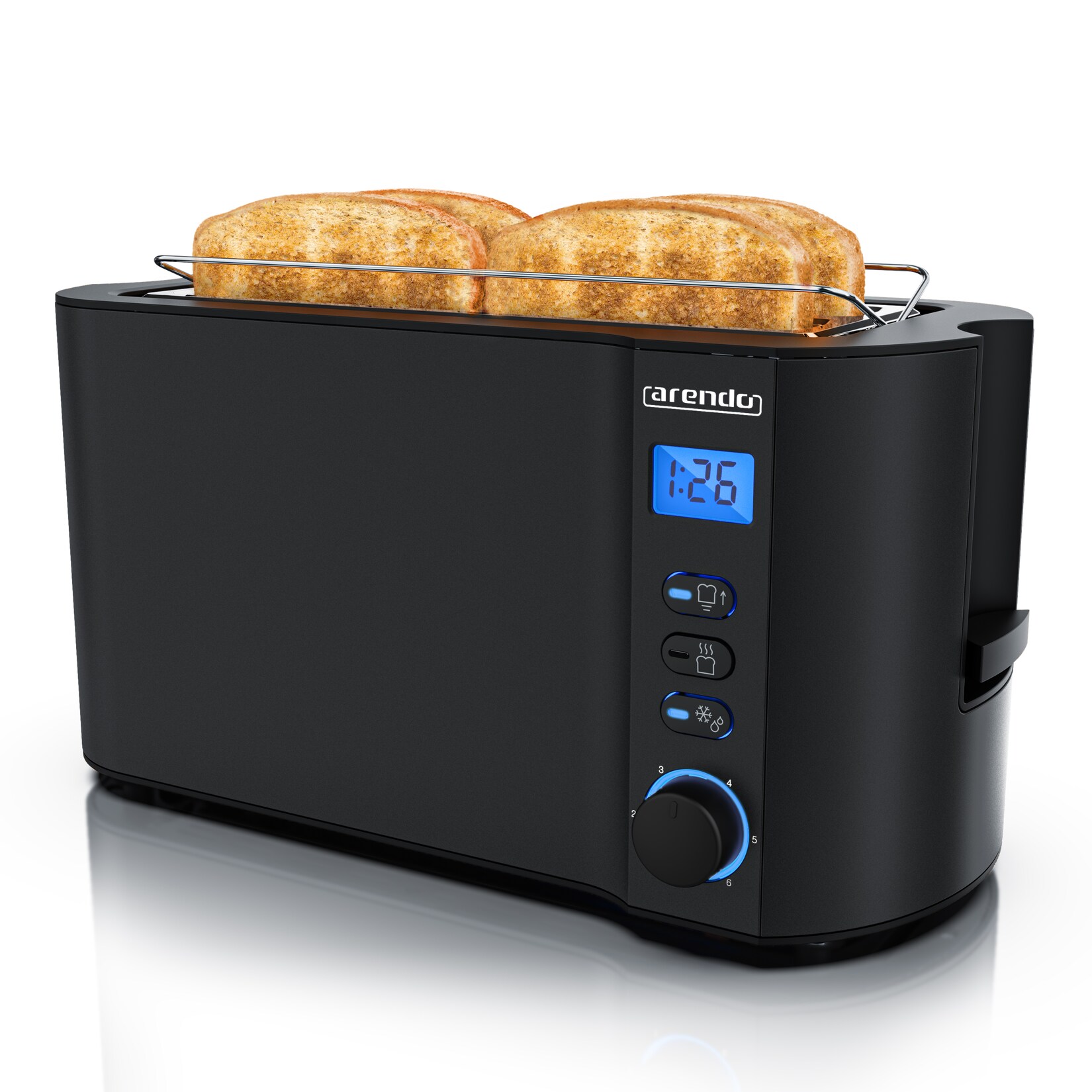 Arendo Toaster Edelstahl Langschlitz 4 Scheiben, integrierter Brötchenhalter, Bräunungsstufen 1-6, Brotzentrierung, automatisch Abschaltung, Display | 04062861808801