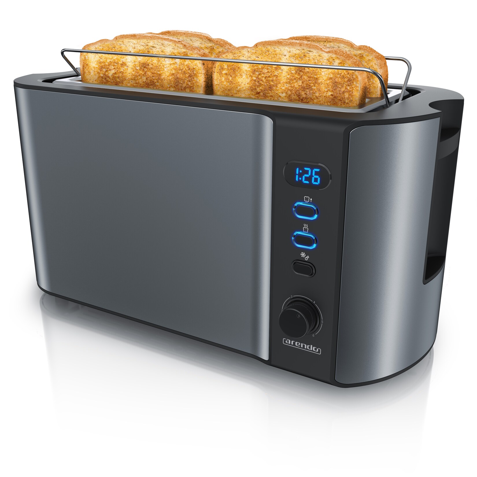 Toaster für 4 Scheiben Langschlitz, 1500W, mit Display, Doppelwandgehäuse wärmeisolierend, Brötchenaufsatz, Auftaufunktion, Grau