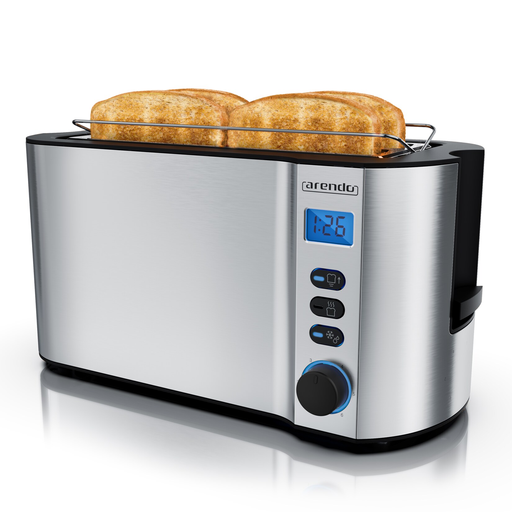 Arendo Toaster Edelstahl Langschlitz 4 Scheiben, Doppelwandgehäuse, integrierter Brötchenaufsatz, 6 Bräunungsstufen, Brotzentrierung automatisch | 04062861808818