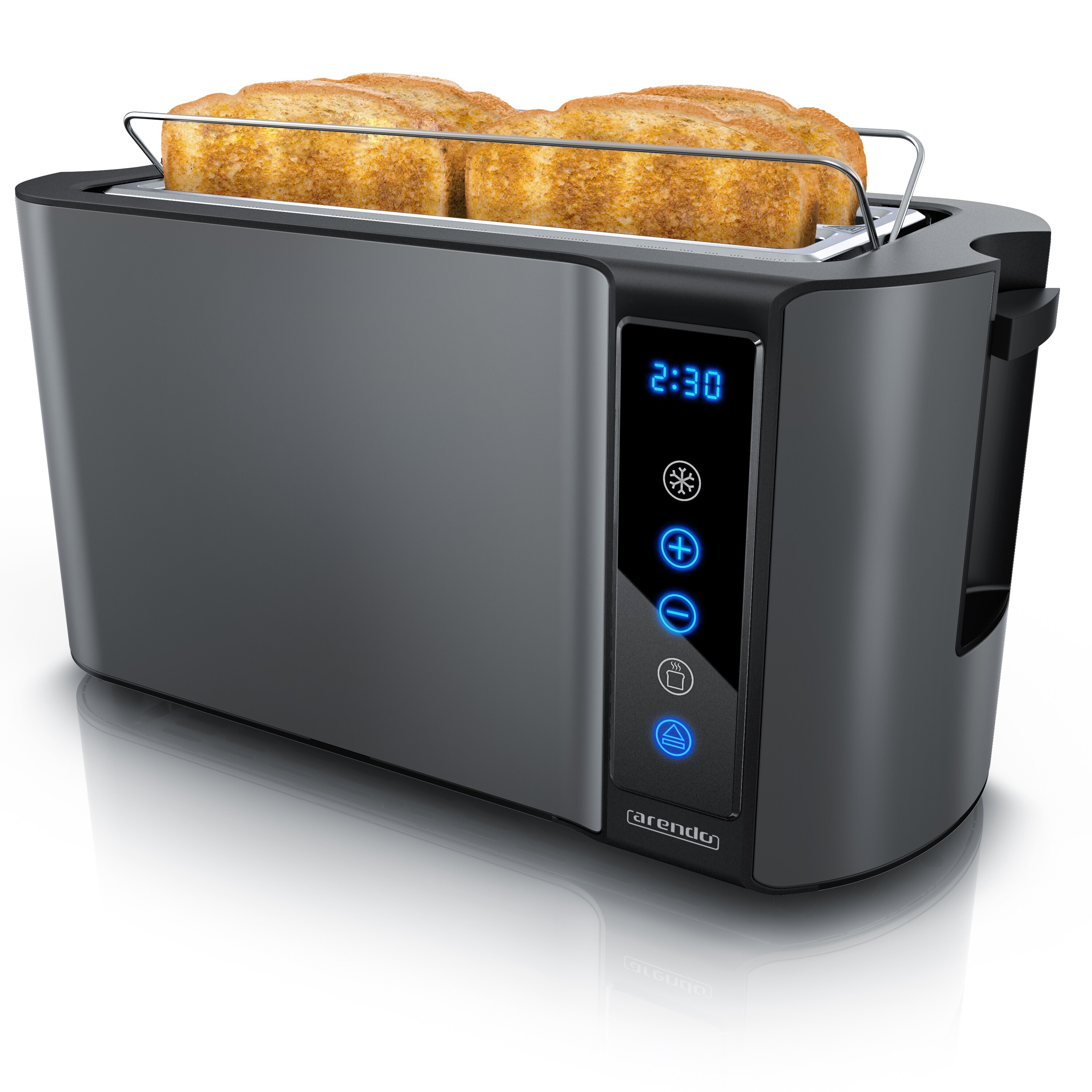 Arendo Langschlitz Toaster mit 2 R&ouml;stkammern und Br&ouml;tchenaufsatz, W&auml;rmeisoliertes Geh&auml;use, Display, Touch, Grau - Bild 1