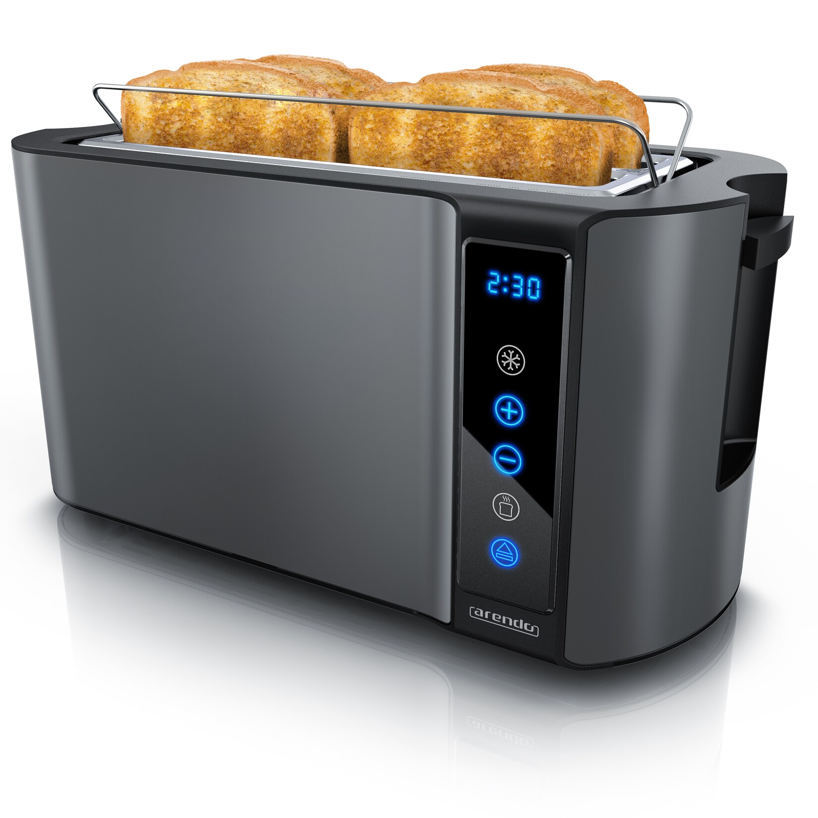 Langschlitz Toaster mit 2 Röstkammern und Brötchenaufsatz, Wärmeisoliertes Gehäuse, Display, Touch, Grau