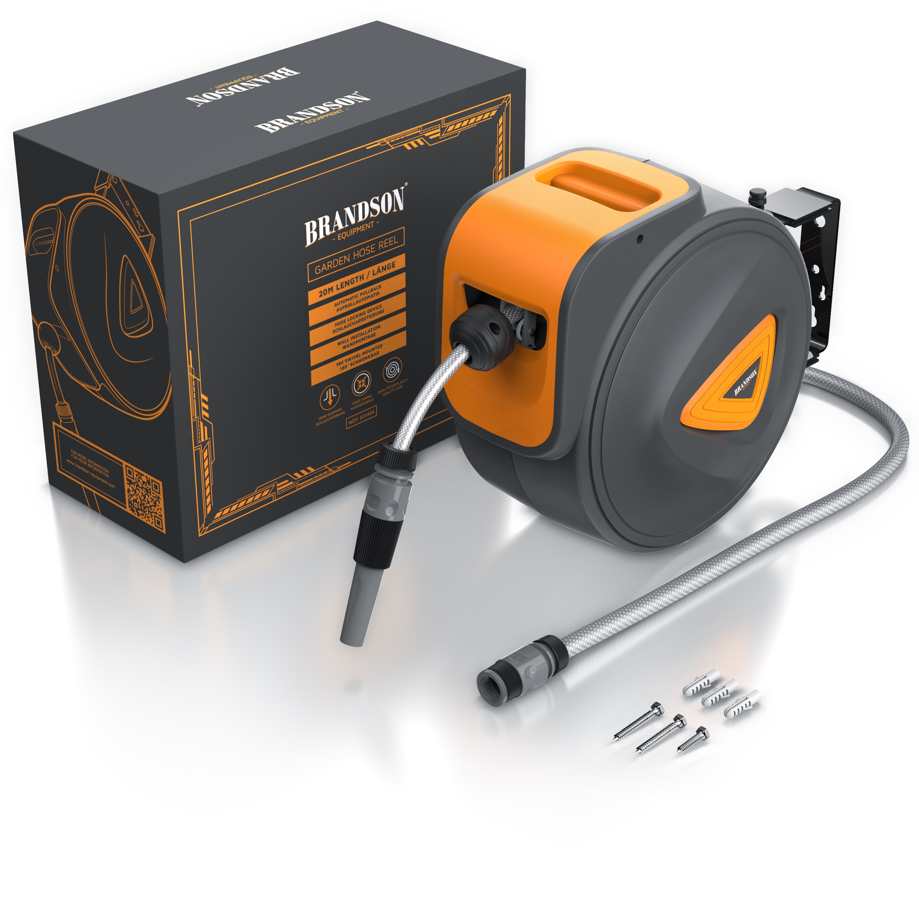 Brandson 20 m Schlauchtrommel - Gartenschlauch - automatisch einziehbar - Schlauchdurchmesser 13 mm - 180 Grad drehbar