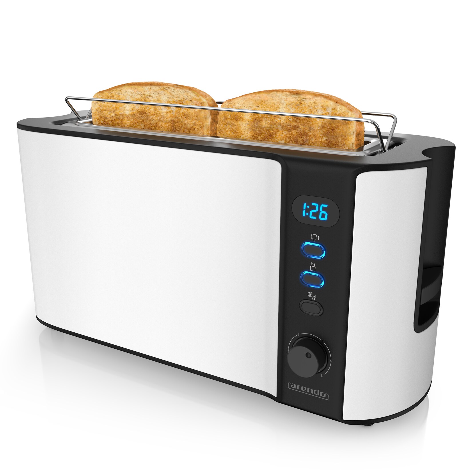 Langschlitz Toaster für 2 Scheiben, integrierter Brötchenaufsatz, 1000 W, Restzeitanzeige, Weiß