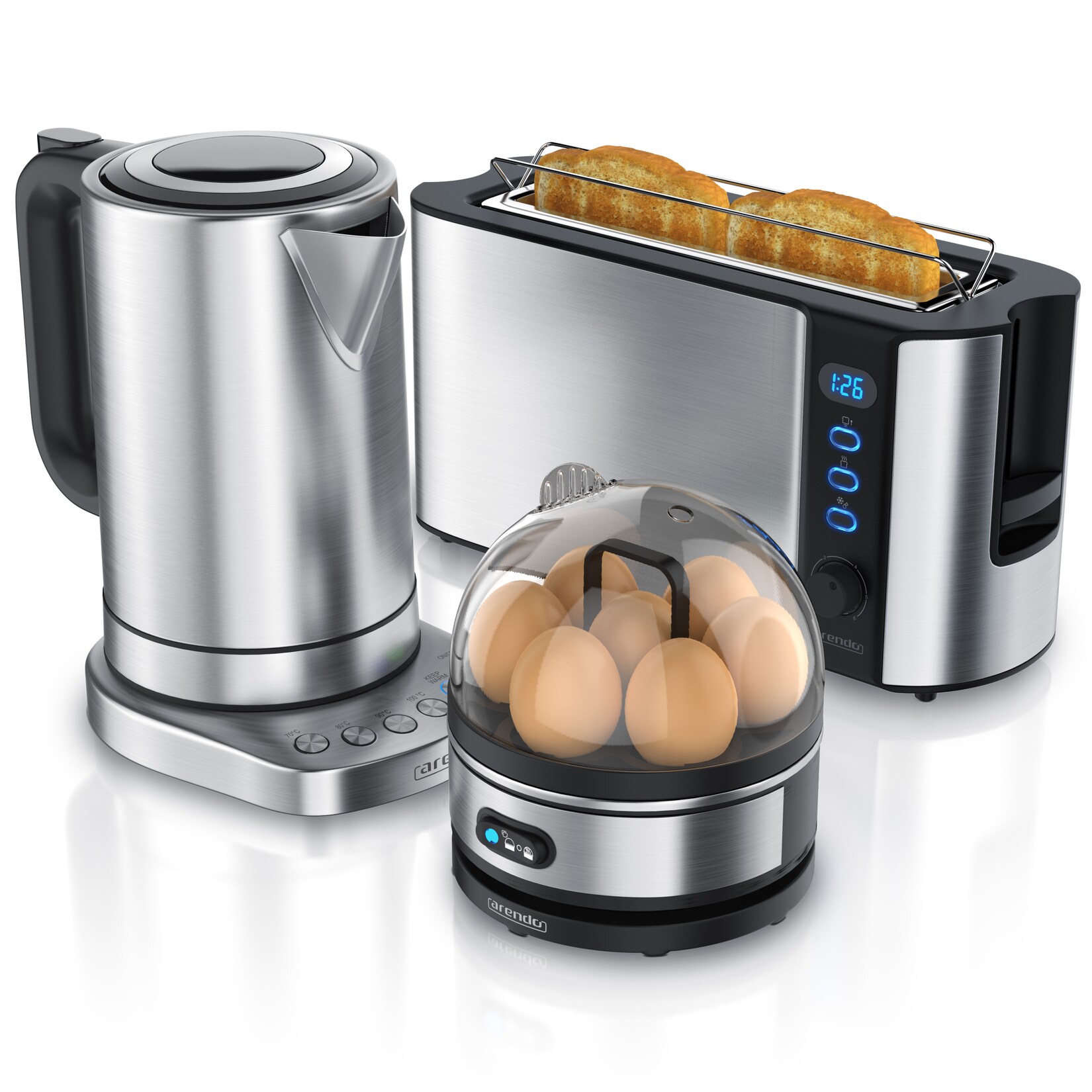 Arendo Frühstücks Set in Edelstahl Optik – Wasserkocher / Toaster / Eierkocher | 04061474009667