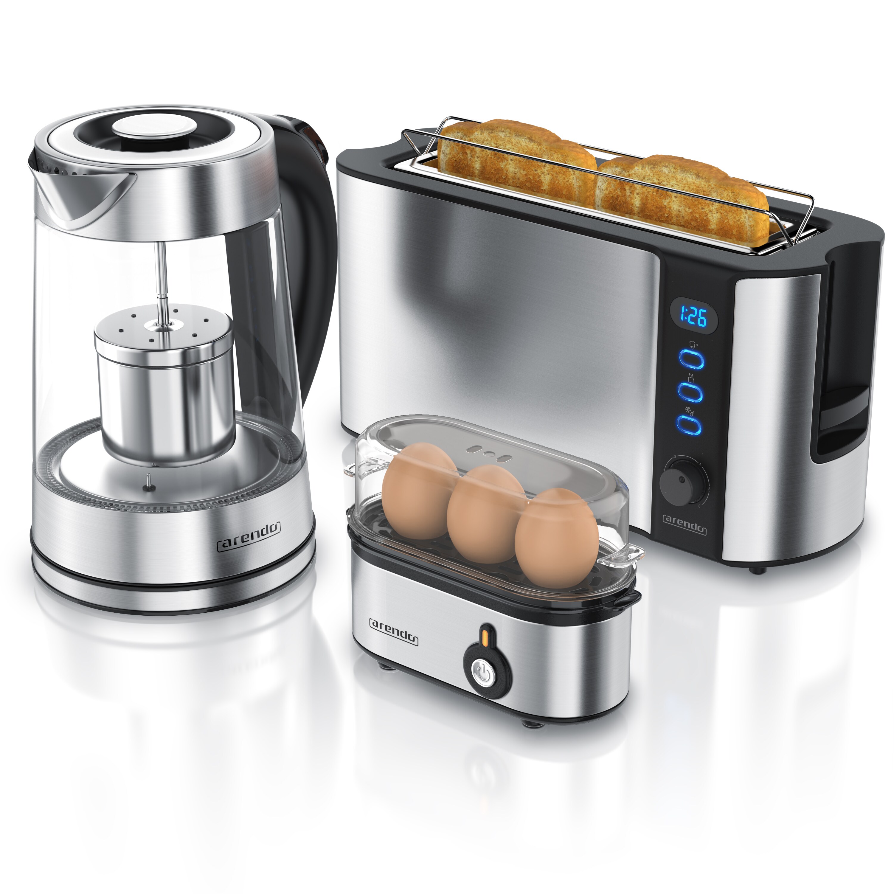 Arendo Fr&uuml;hst&uuml;cks-Set in Edelstahl Optik - Wasserkocher, Toaster und Eierkocher - Bild 1