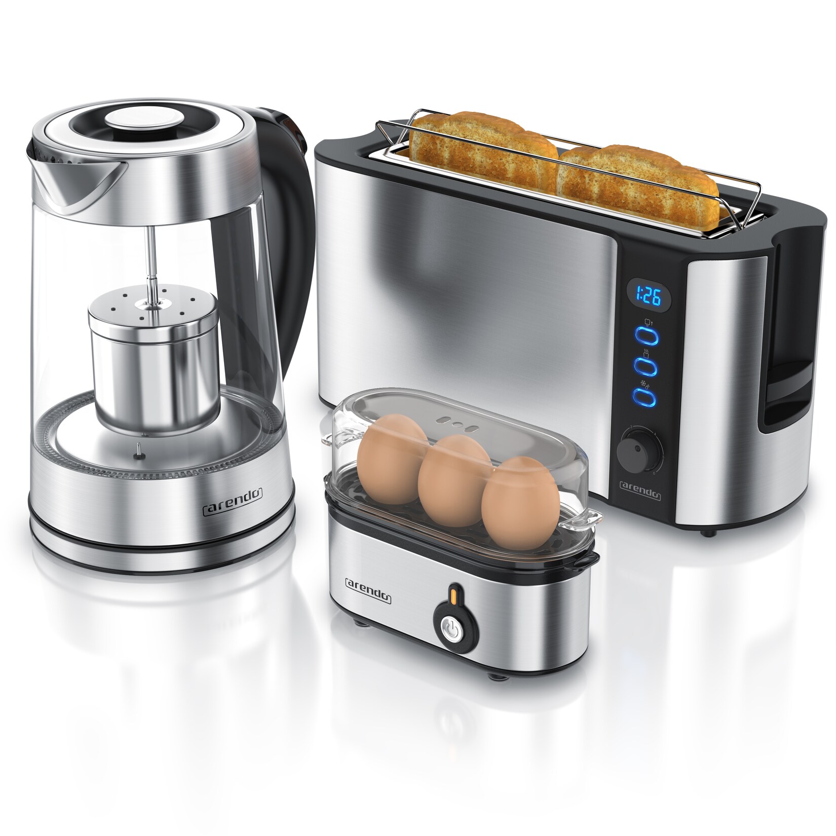 Arendo Frühstücks-Set in Edelstahl Optik – Wasserkocher, Toaster und Eierkocher | 04061474009681