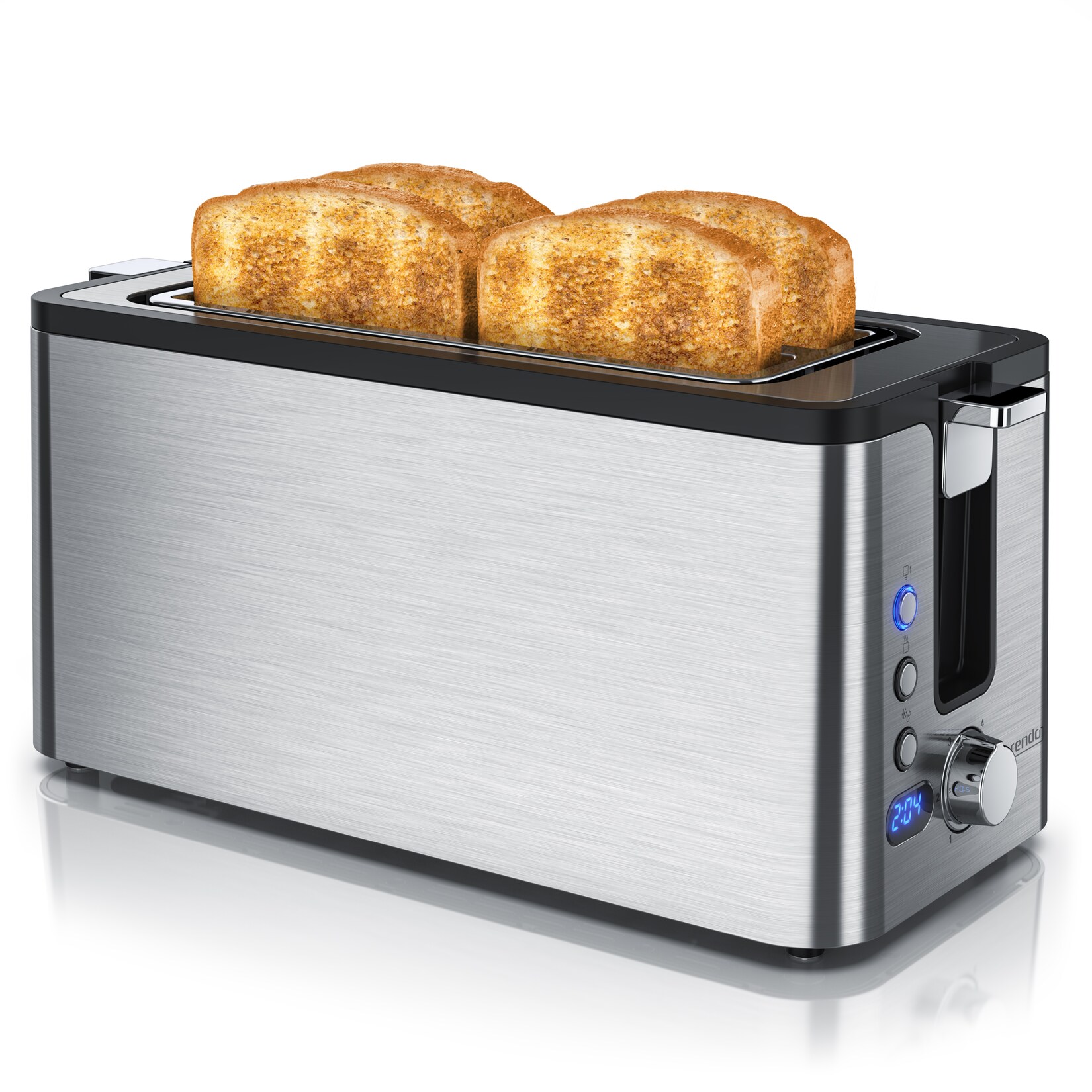 Arendo Edelstahl Toaster Langschlitz 4 Scheiben – Defrost Funktion – wärmeisolierendes Gehäuse – mit integrierten Brötchenaufsatz – Krümelschublade | 04062861843338