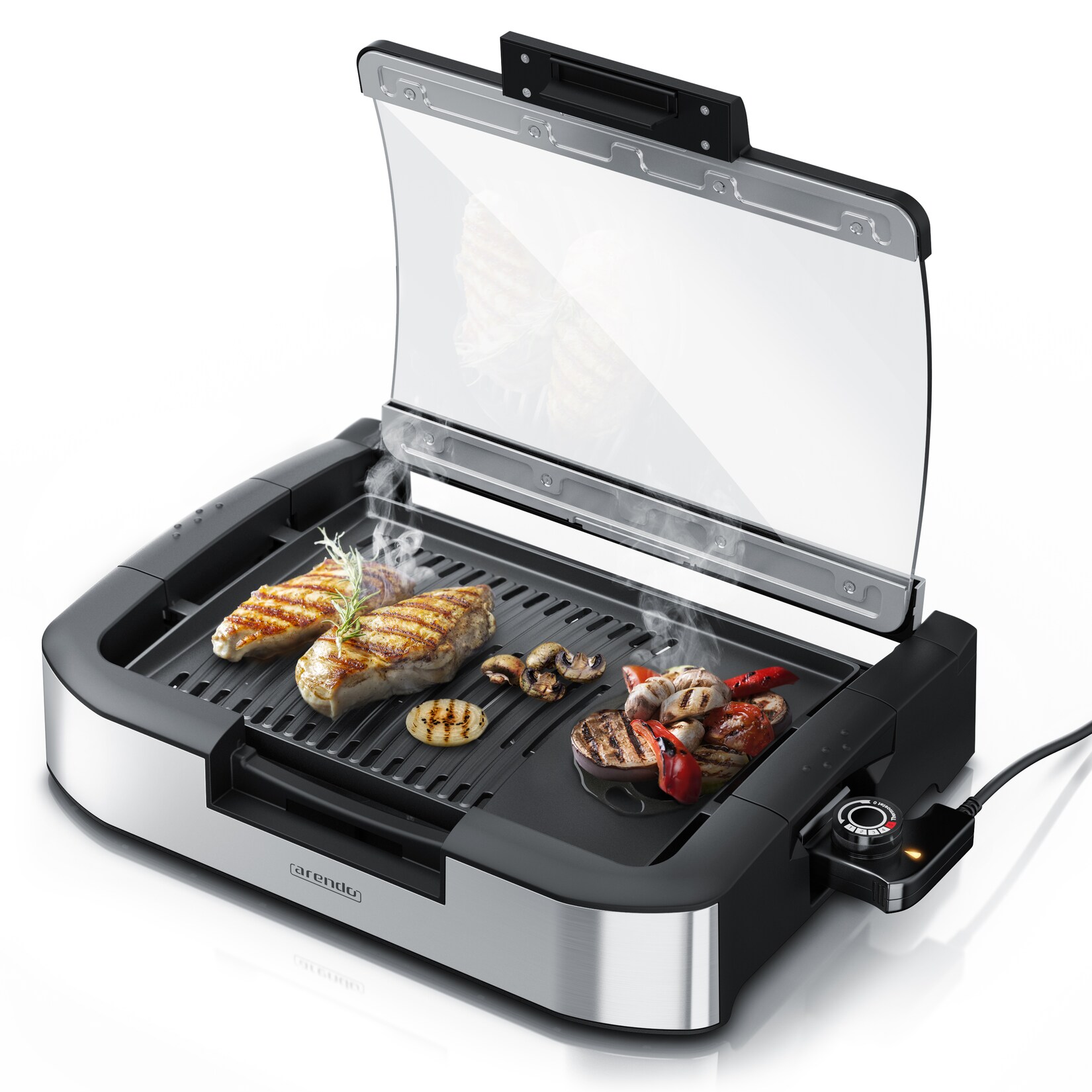 Arendo Gourmet Tischgrill mit Glasabdeckung – Elektrogrill – Barbecue – für Steaks, Würstchen, Fisch, Meeresfrüchte, Gemüse, Pilze u.v.m. | 04062861072400