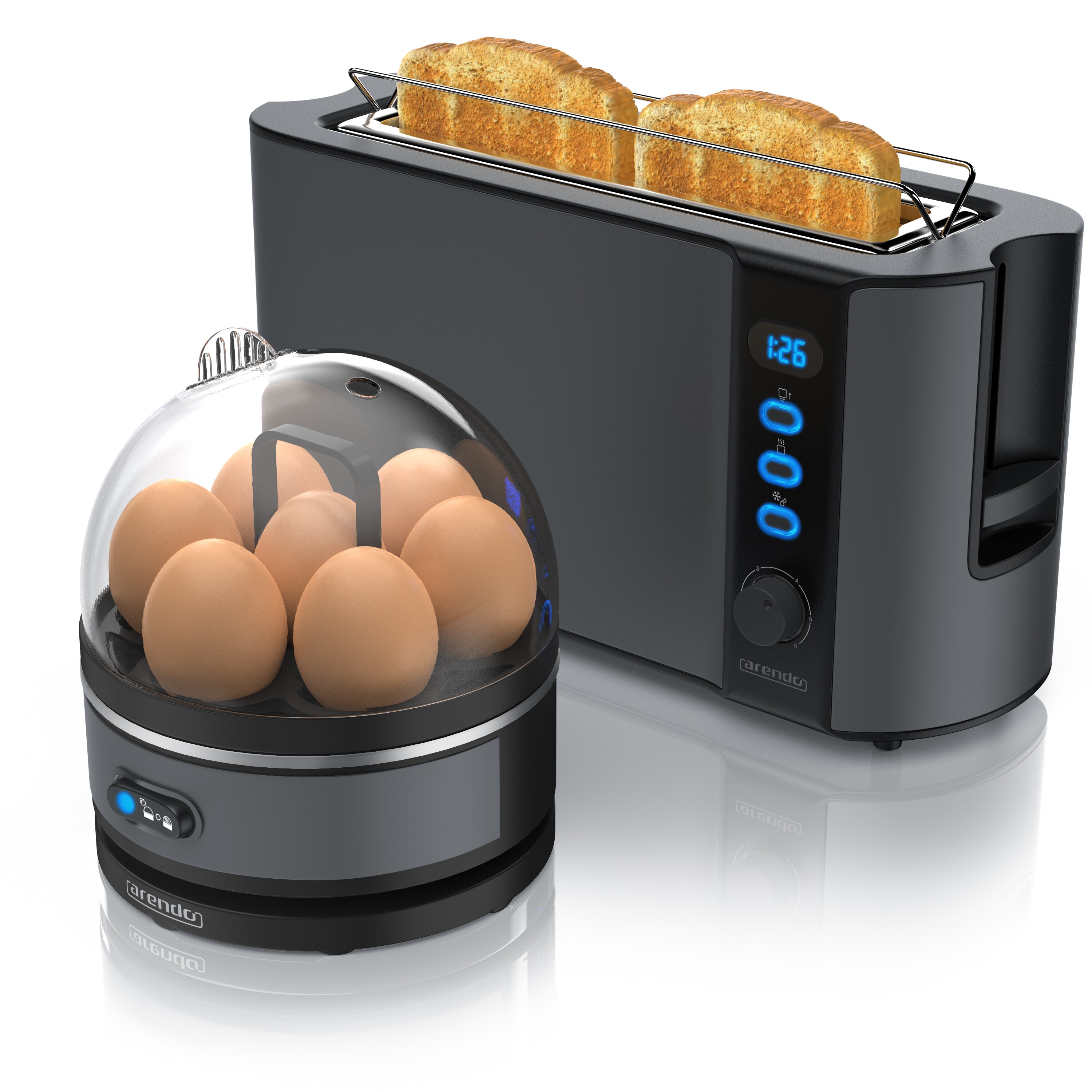 Arendo - SET Toaster FRUKOST mit Eierkocher SEVENCOOK Edelstahl Grau, Toaster 2 Scheiben, LED-Display, 6 Br&auml;unungsgrade, Br&ouml;tchenhalter - Eierkocher - Bild 1