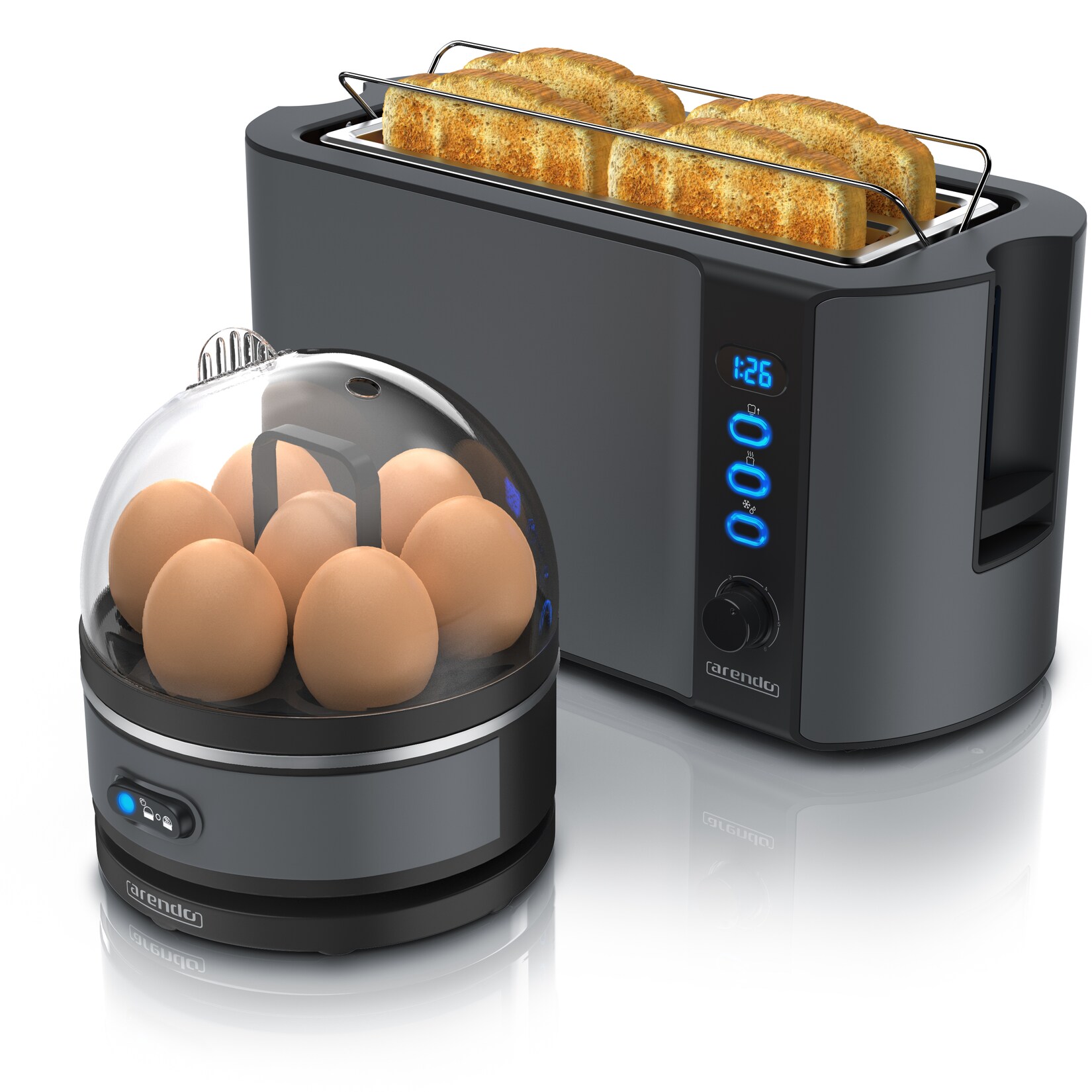 - SET Toaster FRUKOST mit Eierkocher SEVENCOOK Edelstahl Grau, Toaster 4 Scheiben, LED-Display, 6 Bräunungsgrade, Brötchenhalter - Eierkocher