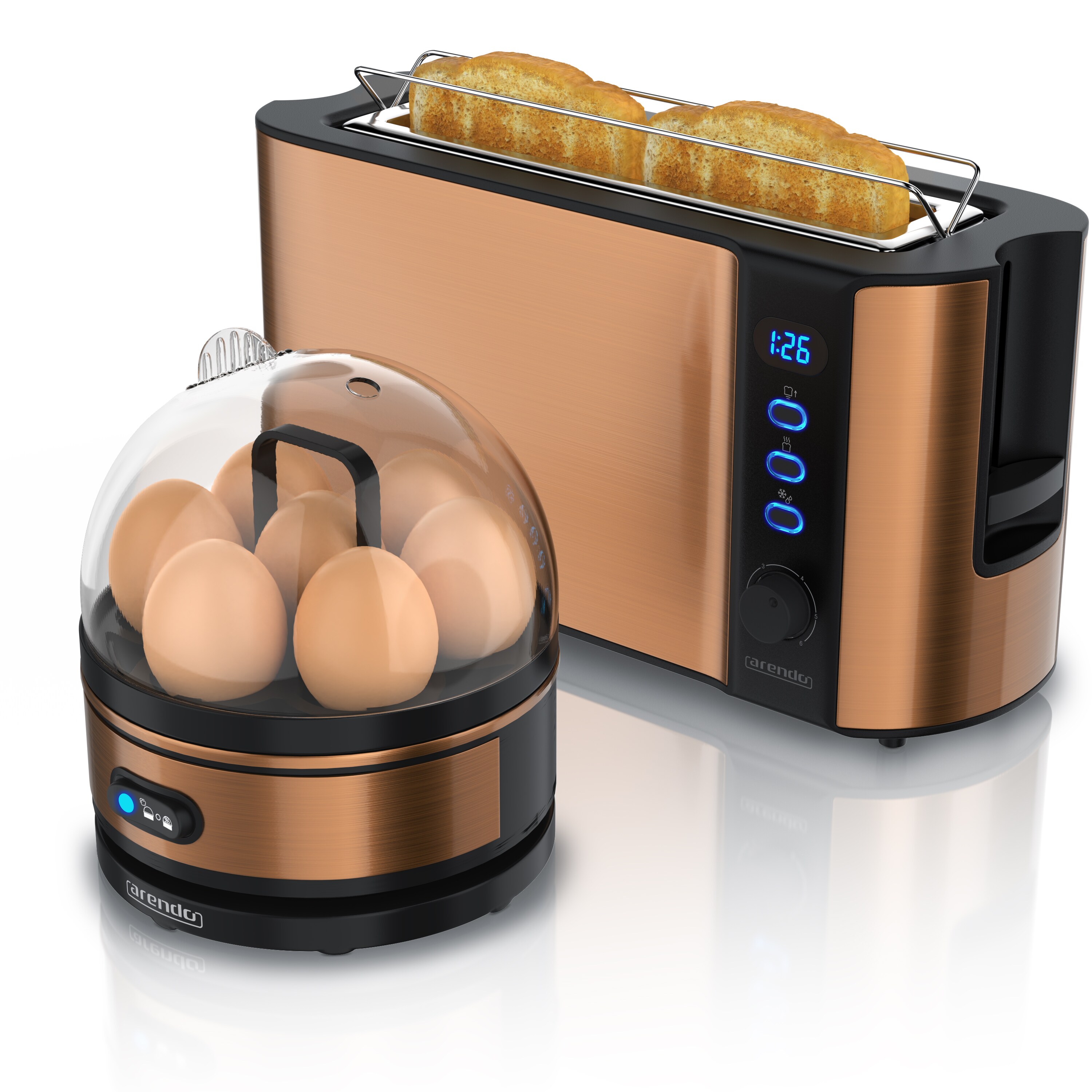 Arendo - SET Toaster FRUKOST mit Eierkocher SEVENCOOK Edelstahl Kupfer, Toaster 2 Scheiben, LED-Display, 6 Br&auml;unungsgrade, Br&ouml;tchenhalter - Eierkocher - Bild 1
