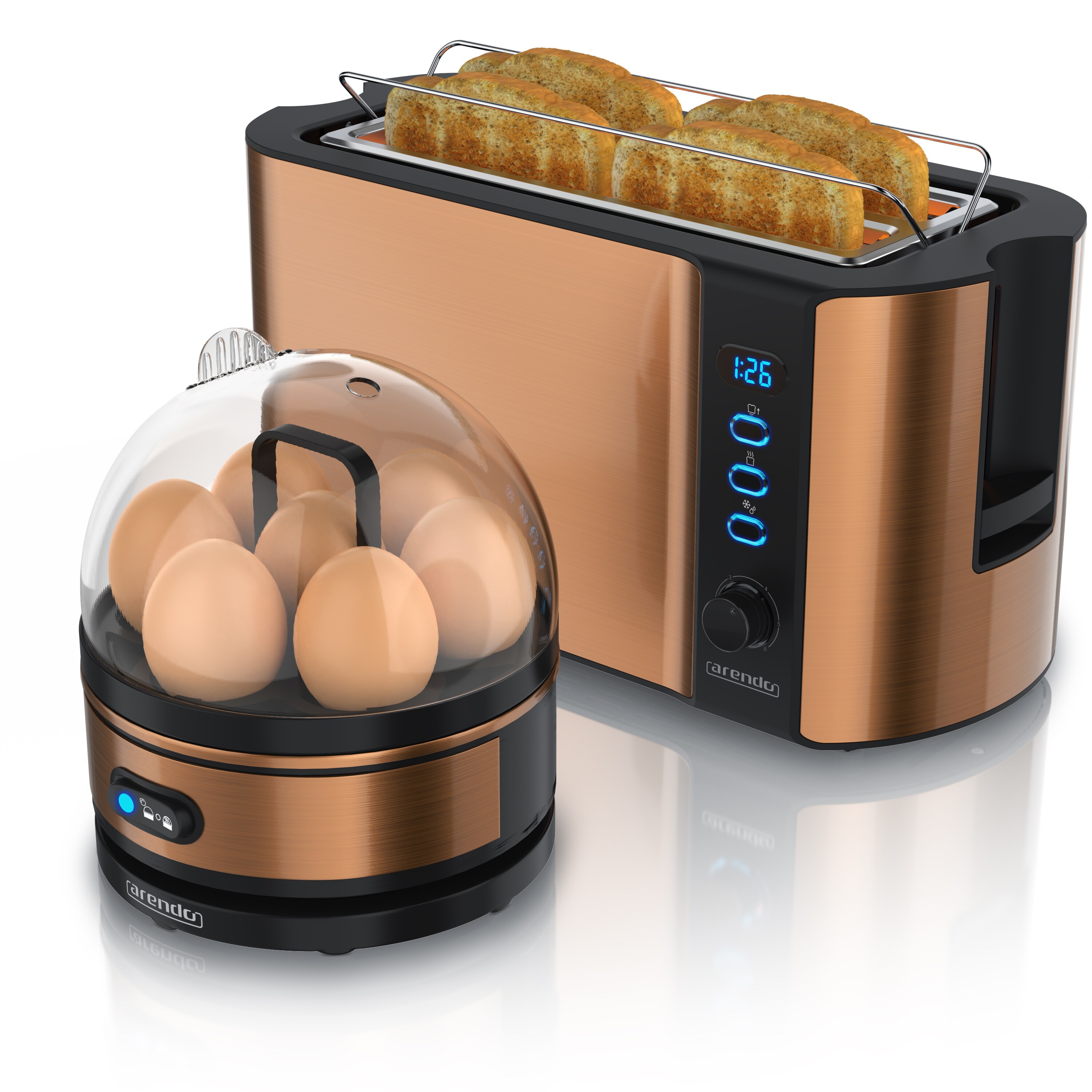 Arendo - SET Toaster FRUKOST mit Eierkocher SEVENCOOK Edelstahl Kupfer, Toaster 4 Scheiben, LED-Display, 6 Br&auml;unungsgrade, Br&ouml;tchenhalter - Eierkocher - Bild 1