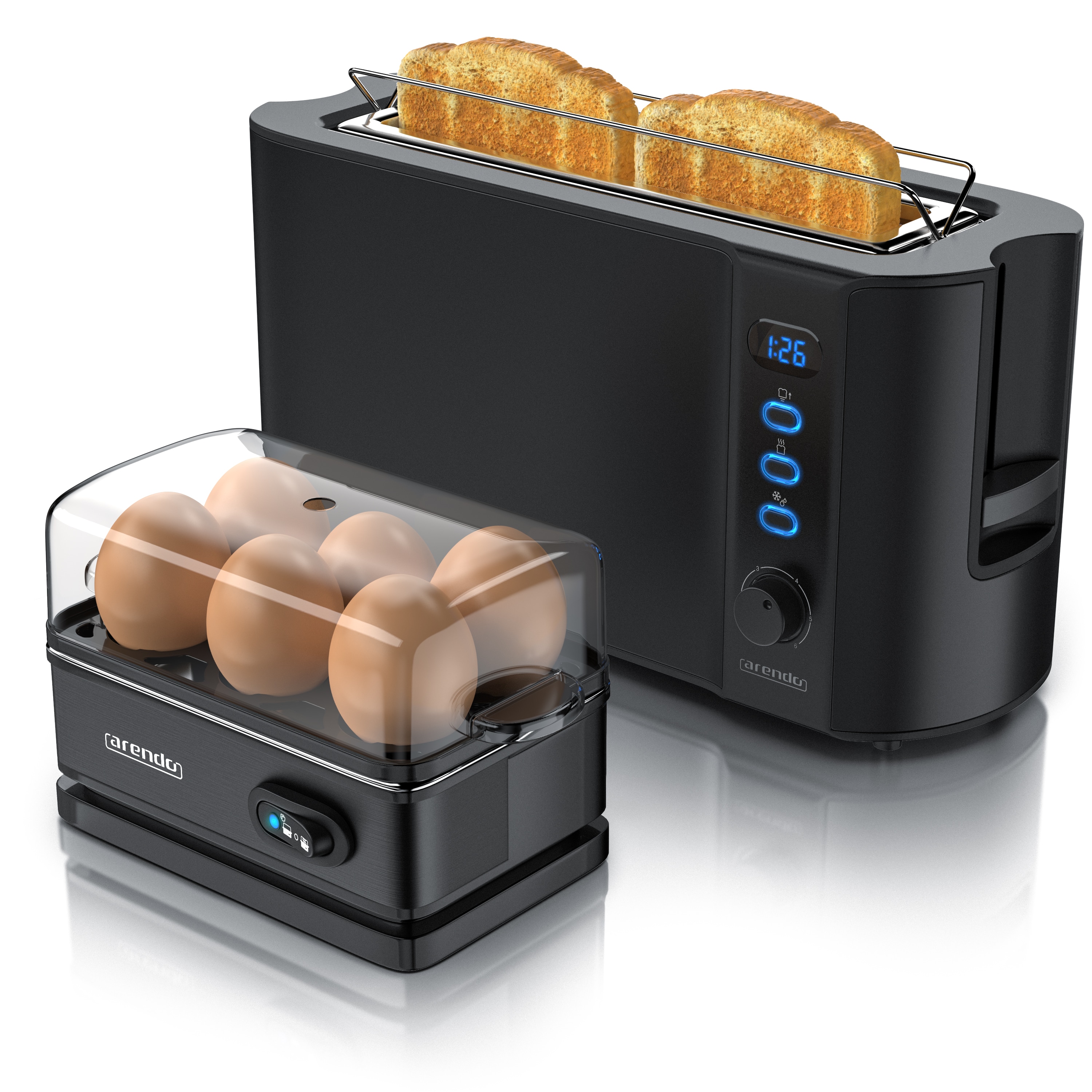 Arendo - SET Toaster FRUKOST mit Eierkocher SIXCOOK Edelstahl Schwarz, Toaster 2 Scheiben, LED-Display, 6 Br&auml;unungsgrade, Br&ouml;tchenhalter - Eierkocher - Bild 1