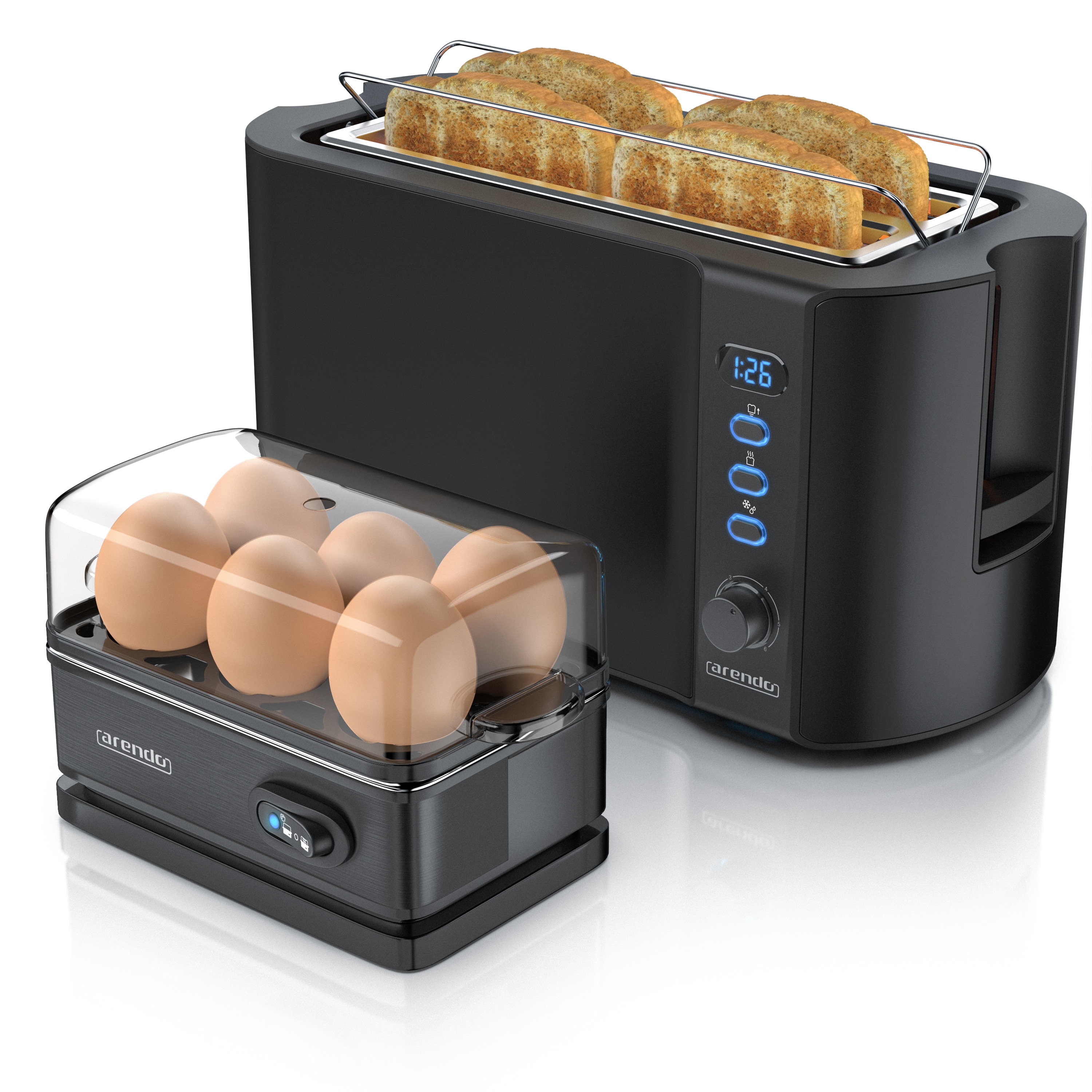 Arendo - Set Toaster FRUKOST mit Eierkocher SIXCOOK Edelstahl Schwarz, Toaster 4 Scheiben, LED-Display, 6 Br&auml;unungsgrade, Br&ouml;tchenhalter - Eierkocher - Bild 1