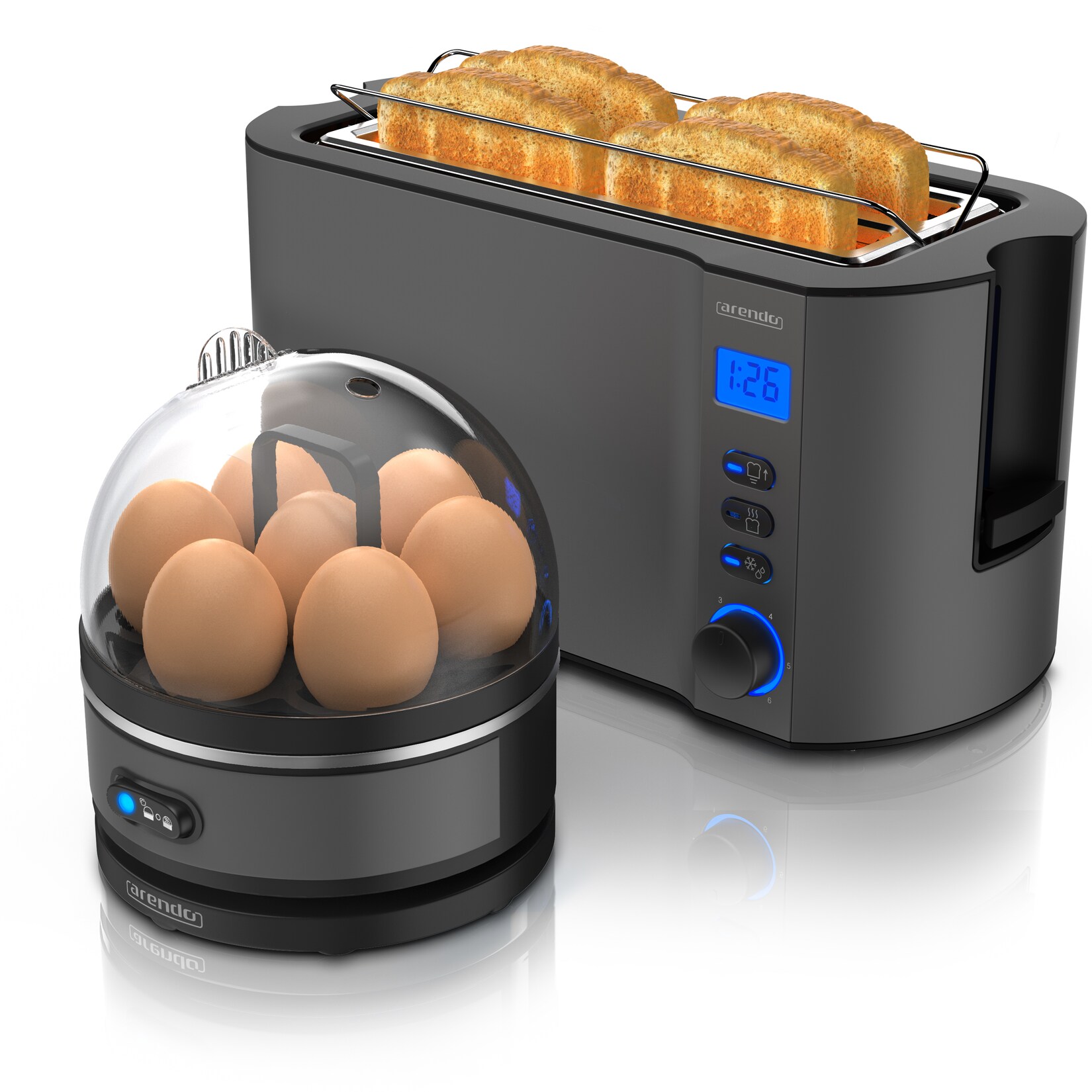 - SET Toaster MANHA mit Eierkocher SEVENCOOK Edelstahl Grau, Toaster 4 Scheiben, LED-Display, 6 Bräunungsgrade, Brötchenhalter - Eierkocher 1-7