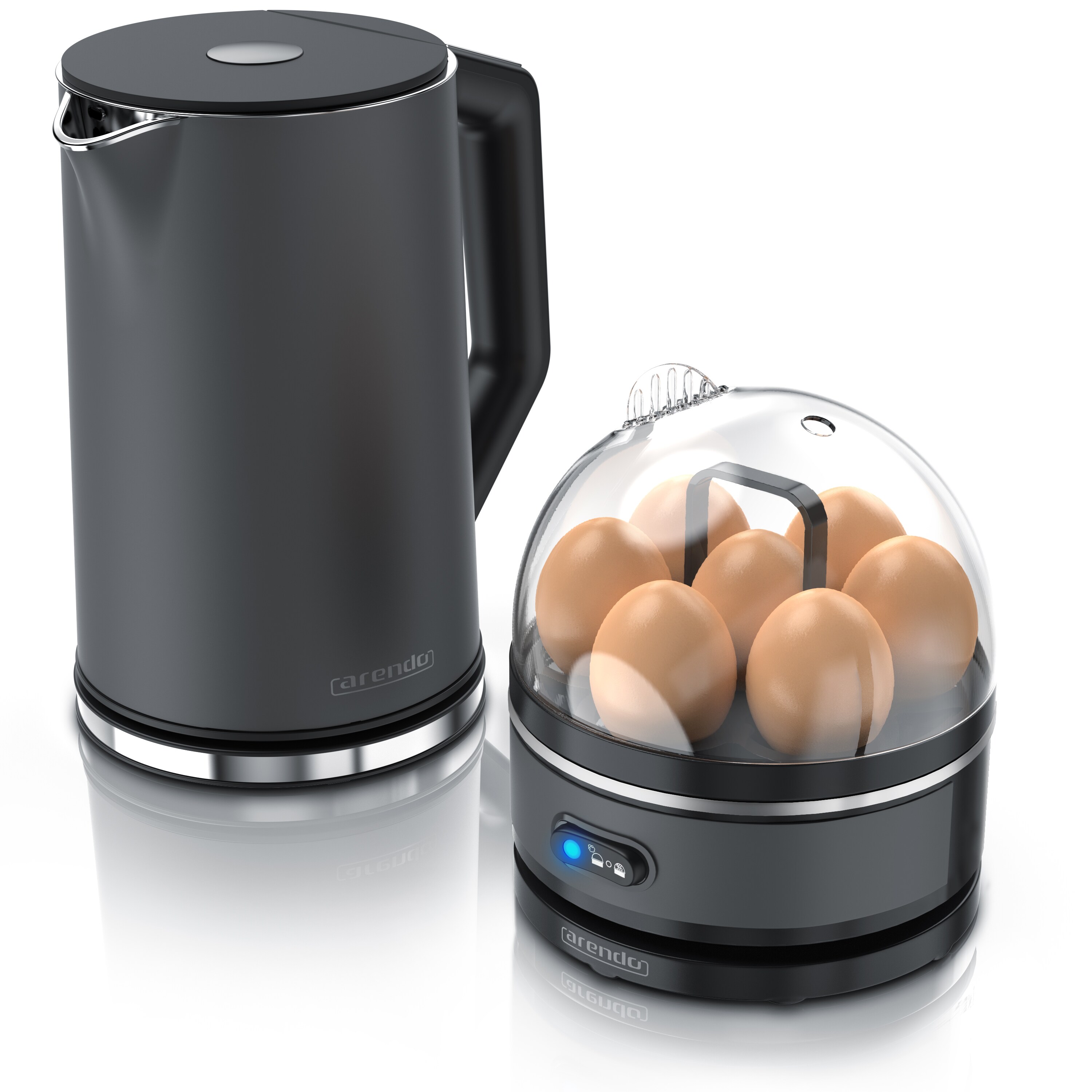 Arendo - Set Wasserkocher ELEGANT mit Eierkocher SEVENCOOK Edelstahl Grau, Wasserkocher 1,5L 40&deg; - 100&deg;C Warmhaltefunktion, Eierkocher 1-7 Eier - Bild 1