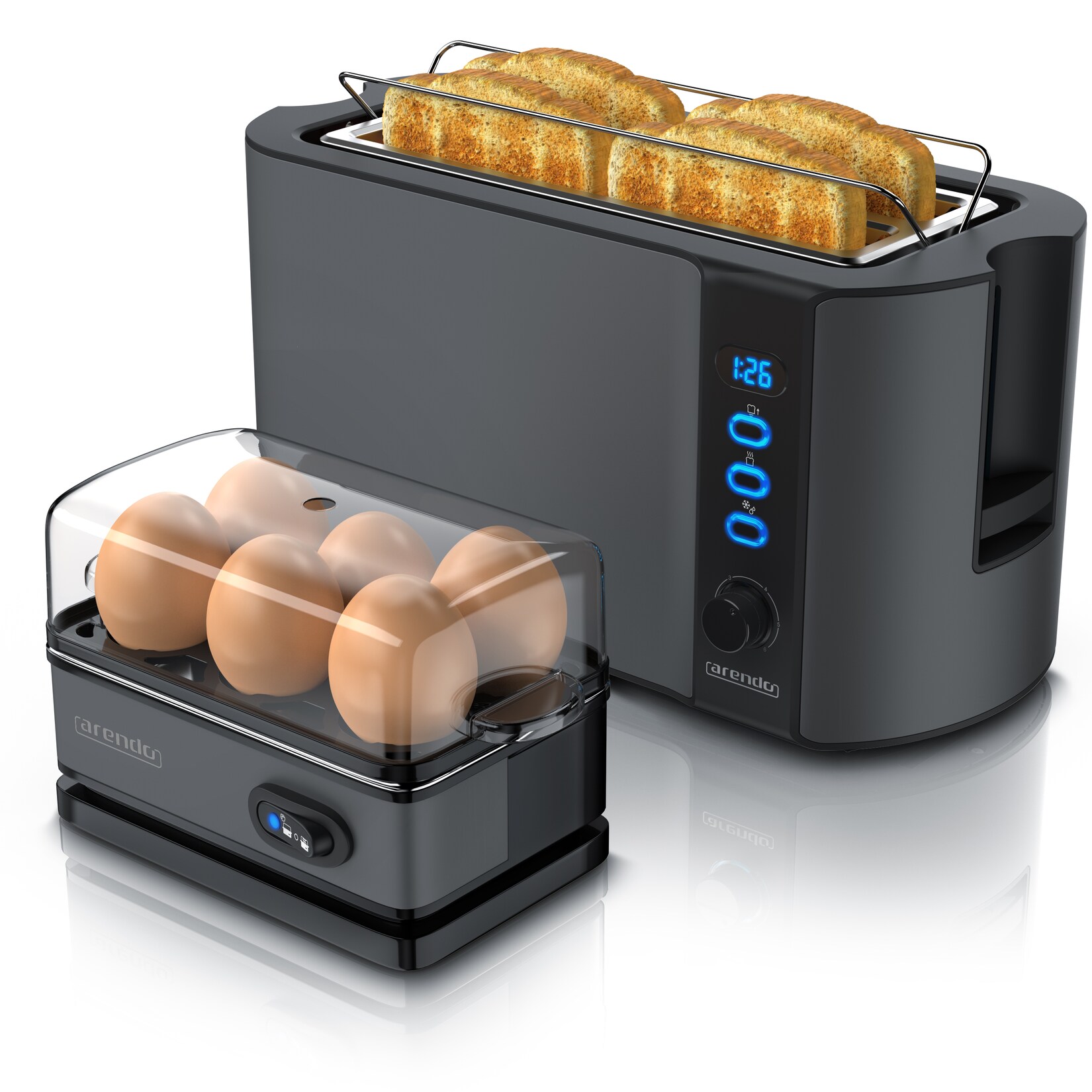2-teiliges Frühstücksset - 4-Scheiben Langschlitz Toaster, 6er Eierkocher, Grau