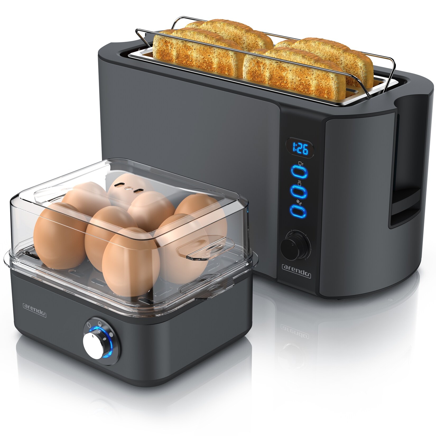 2-teiliges Frühstücksset - 4-Scheiben Langschlitz Toaster, 8er Eierkocher, Grau