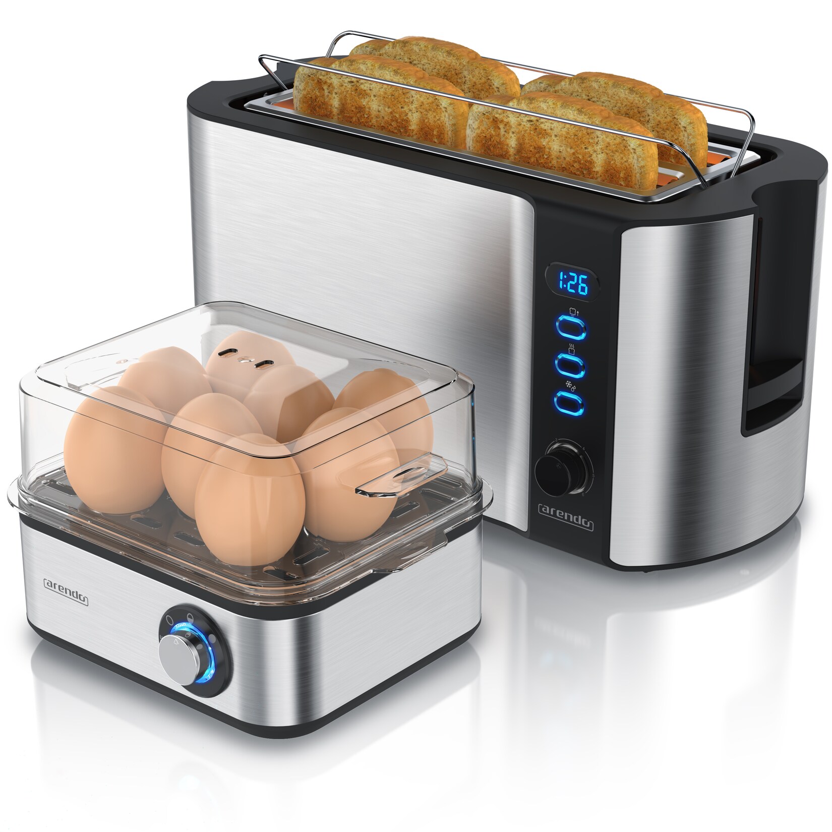 2-teiliges Frühstücksset - 4-Scheiben Langschlitz Toaster, 8er Eierkocher, Silber