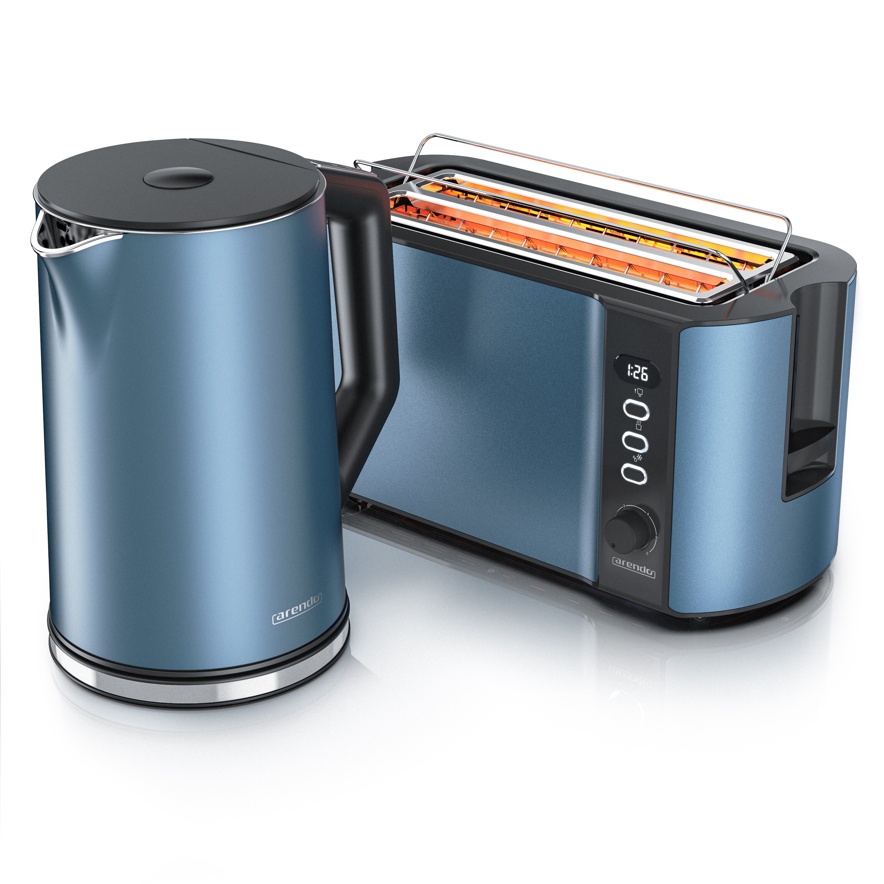 Arendo 2-teiliges Fr&uuml;hst&uuml;cksset - Edelstahl Wasserkocher 1,5l, 4-Scheiben Langschlitz Toaster, Blau Matt - Bild 1