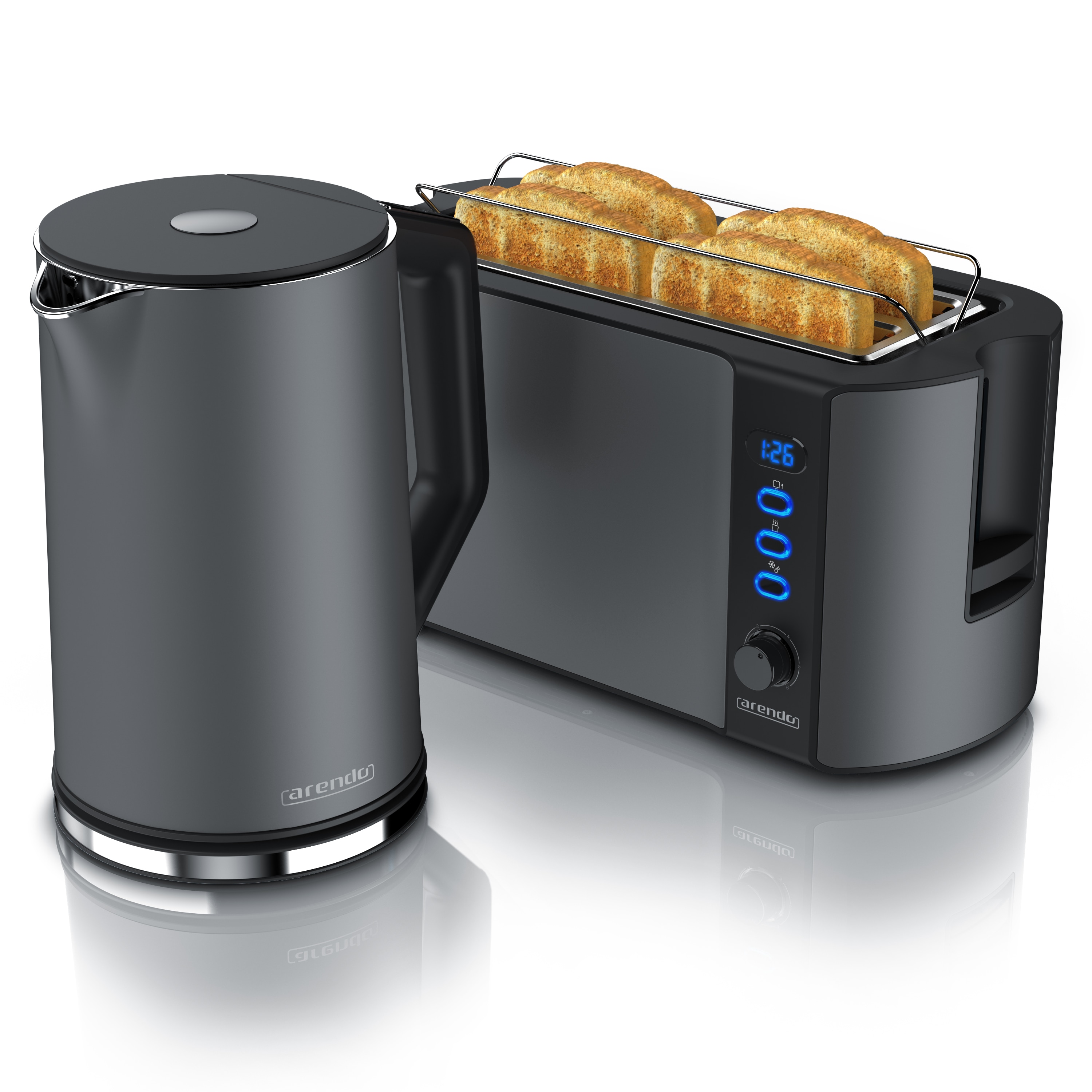 Arendo 2-teiliges Fr&uuml;hst&uuml;cksset - Edelstahl Wasserkocher 1,5l, 4-Scheiben Langschlitz Toaster, Grau - Bild 1