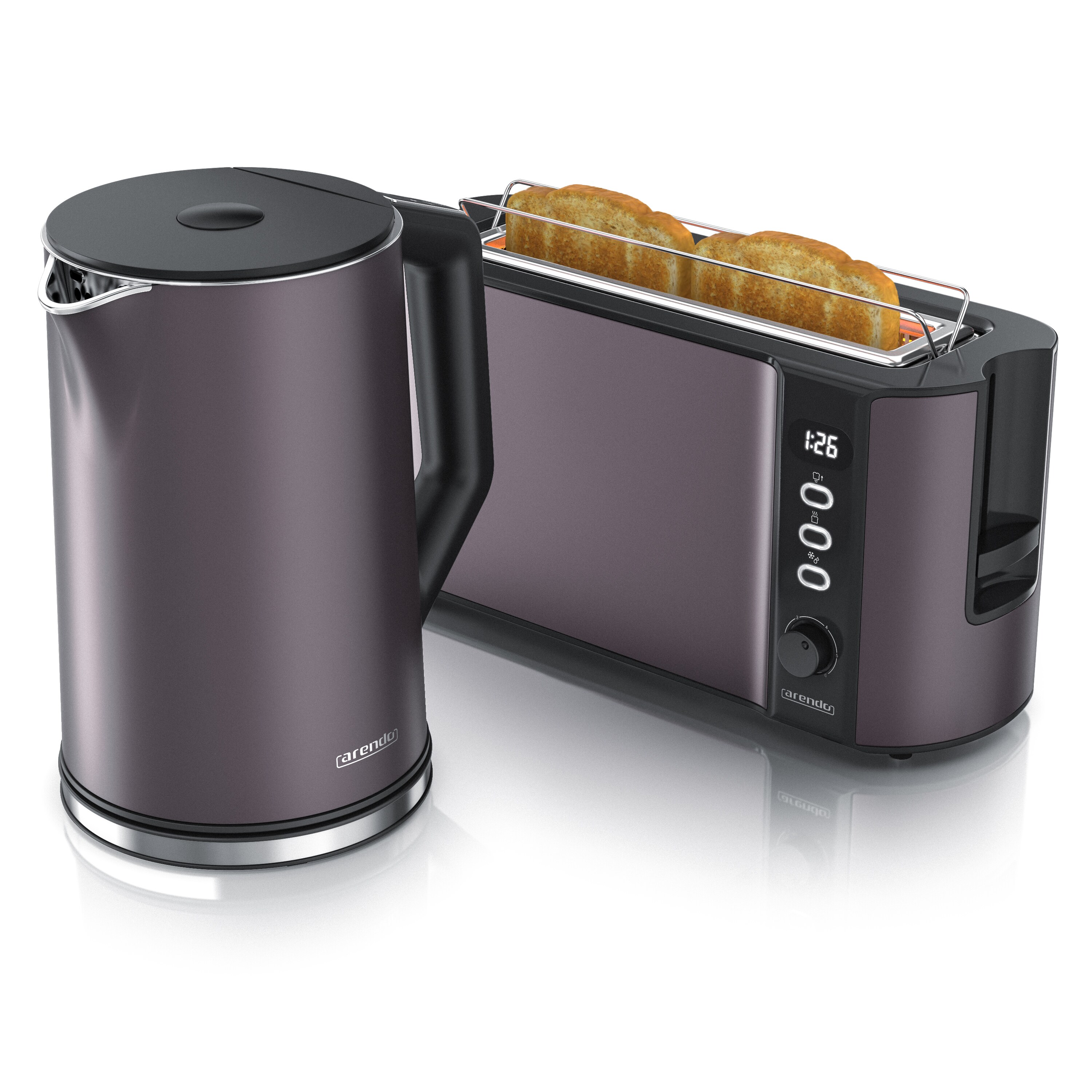 Arendo 2-teiliges Fr&uuml;hst&uuml;cks-Set, 1,5L Edelstahl Wasserkocher, 2-Scheiben Langschlitz Toaster, Grau - Bild 1