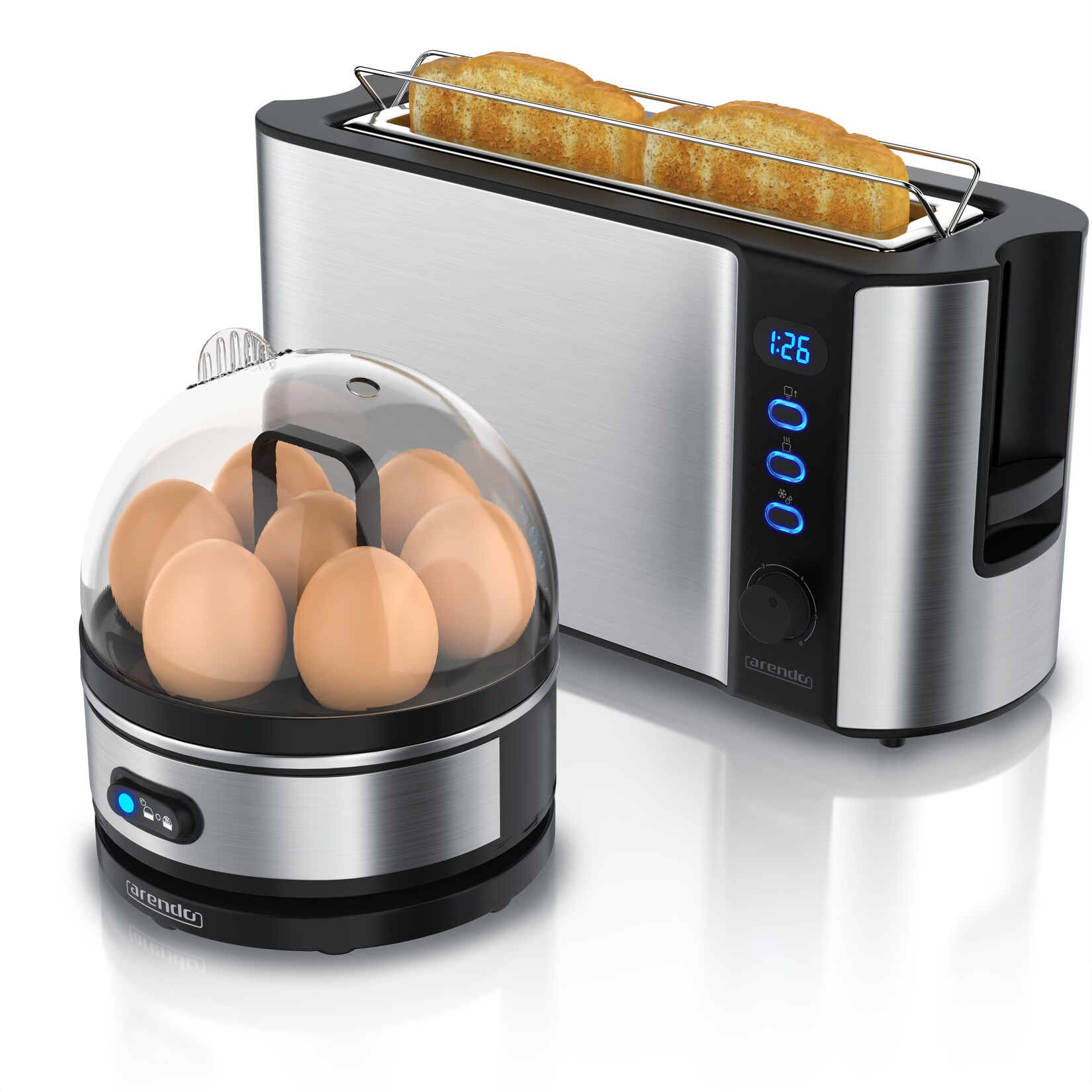 2-teiliges Frühstücksset, 1000W Langschlitz Toaster für 2 Scheiben, Eierkocher SEVENCOOK, Silber