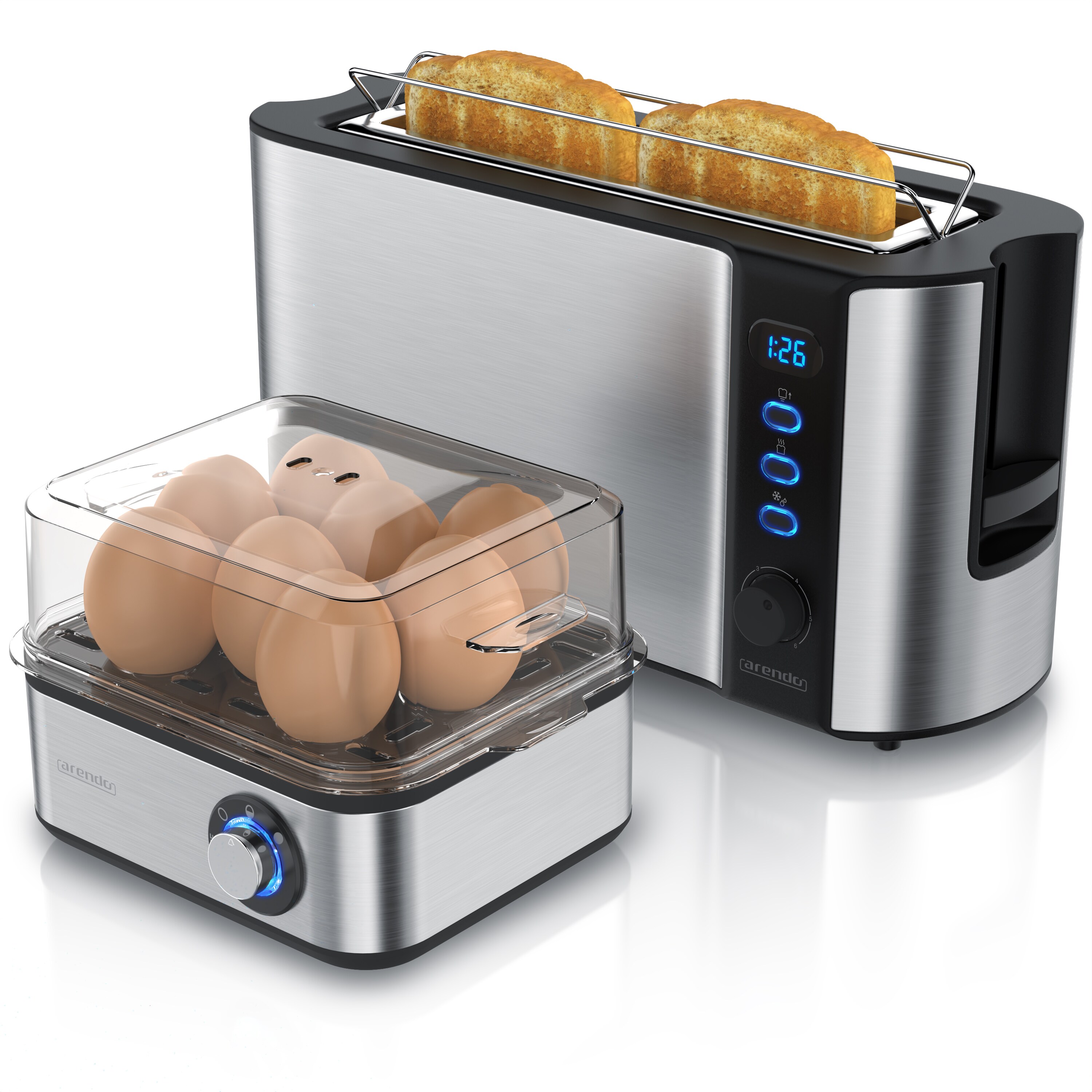 Arendo 2-teiliges Fr&uuml;hst&uuml;cksset, 2-Scheiben Langschlitztoaster FRUKOST, 8er Eierkocher, Silber - Bild 1