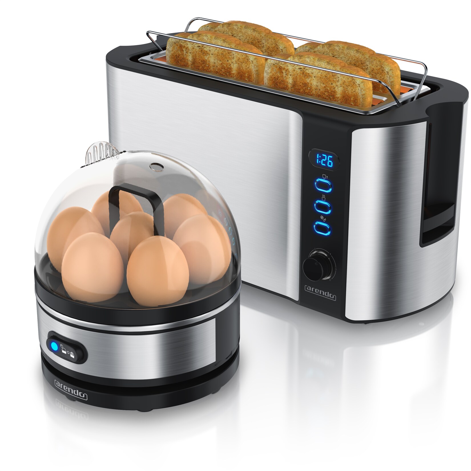 2-teiliges Frühstücksset, 7er Eierkocher & Langschlitz Toaster für 4 Scheiben, Silber
