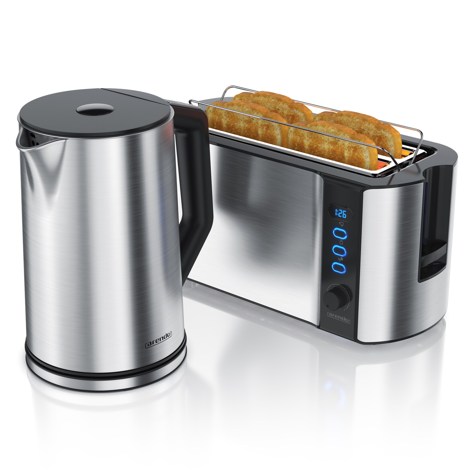 2-teiliges Frühstücksset, Edelstahl Wasserkocher 2200W, 4-Scheiben Langschlitz Toaster, Silber