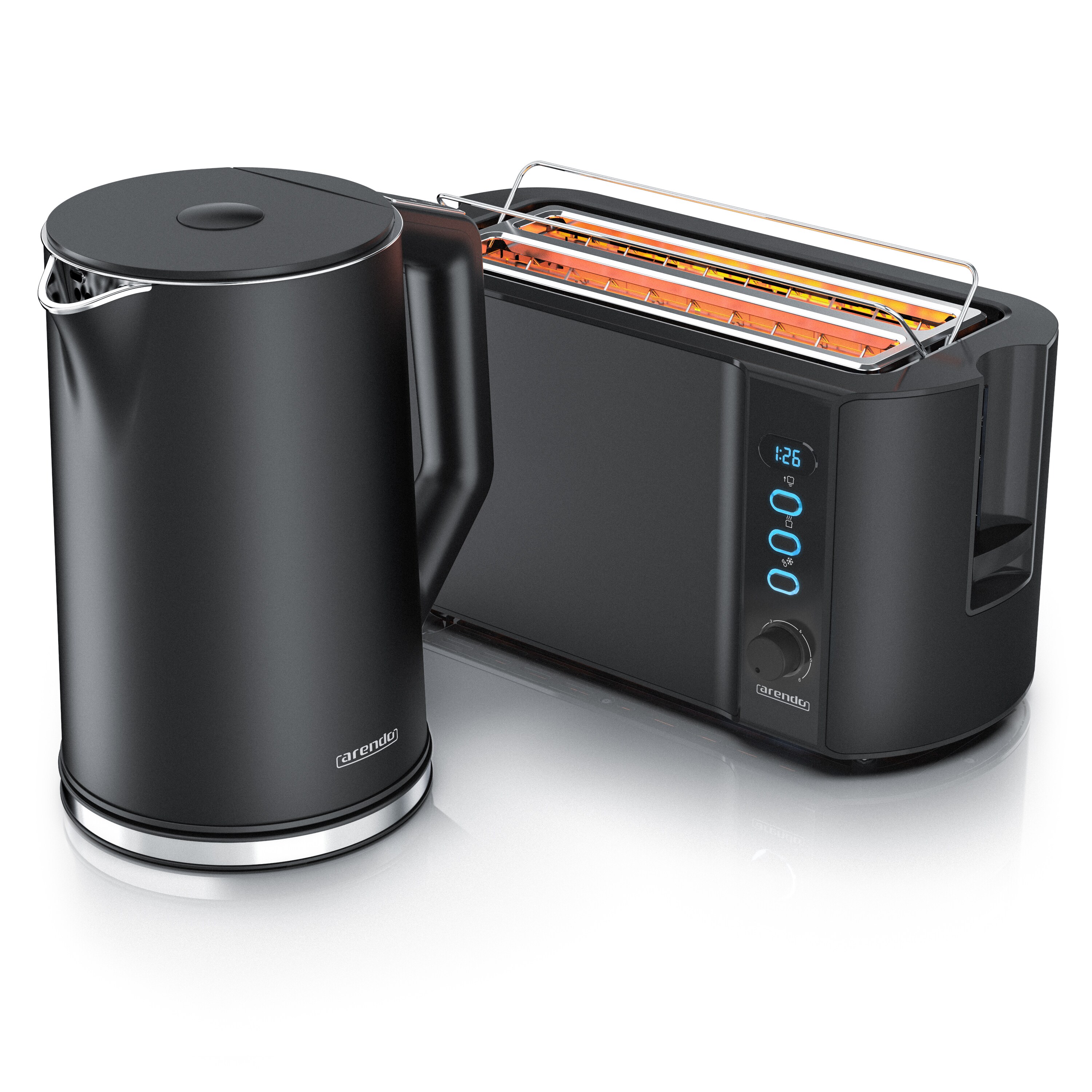 Arendo 2-teiliges Fr&uuml;hst&uuml;cks-Set, Edelstahl Wasserkocher ELEGANT 1,5l, 4-Scheiben Langschlitztoaster, Schwarz - Bild 1