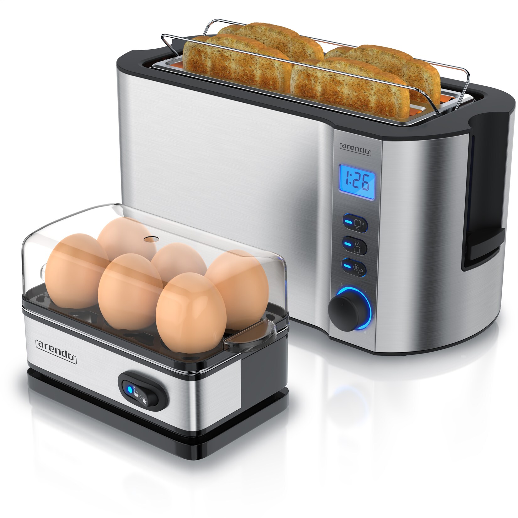 2-teiliges Frühstücksset, Langschlitz 4-Scheiben Toaster MANHA, 6er Eierkocher, Silber