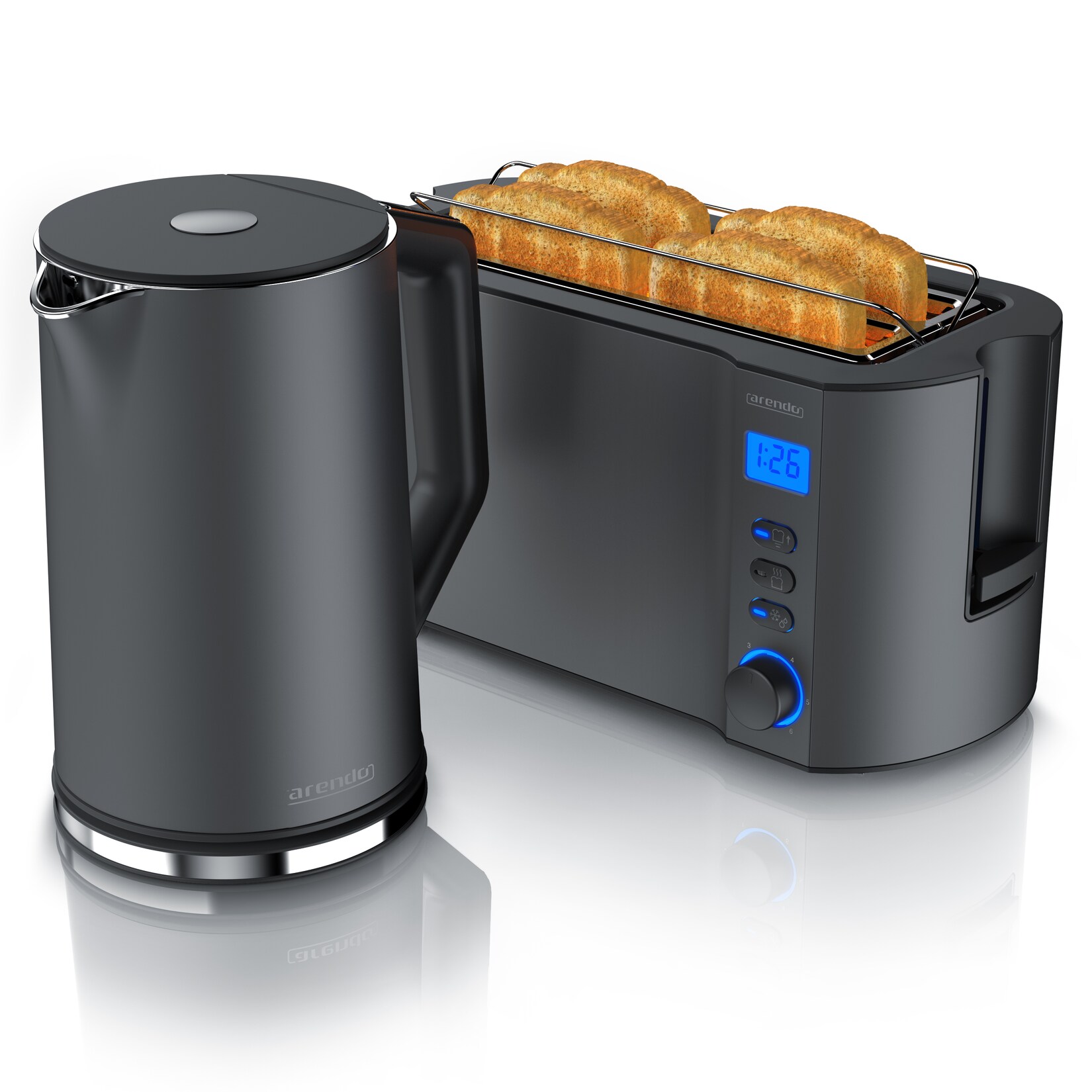 2-teiliges Frühstücks-Set, Langschlitztoaster 4 Scheiben & Edelstahl Wasserkocher , Grau