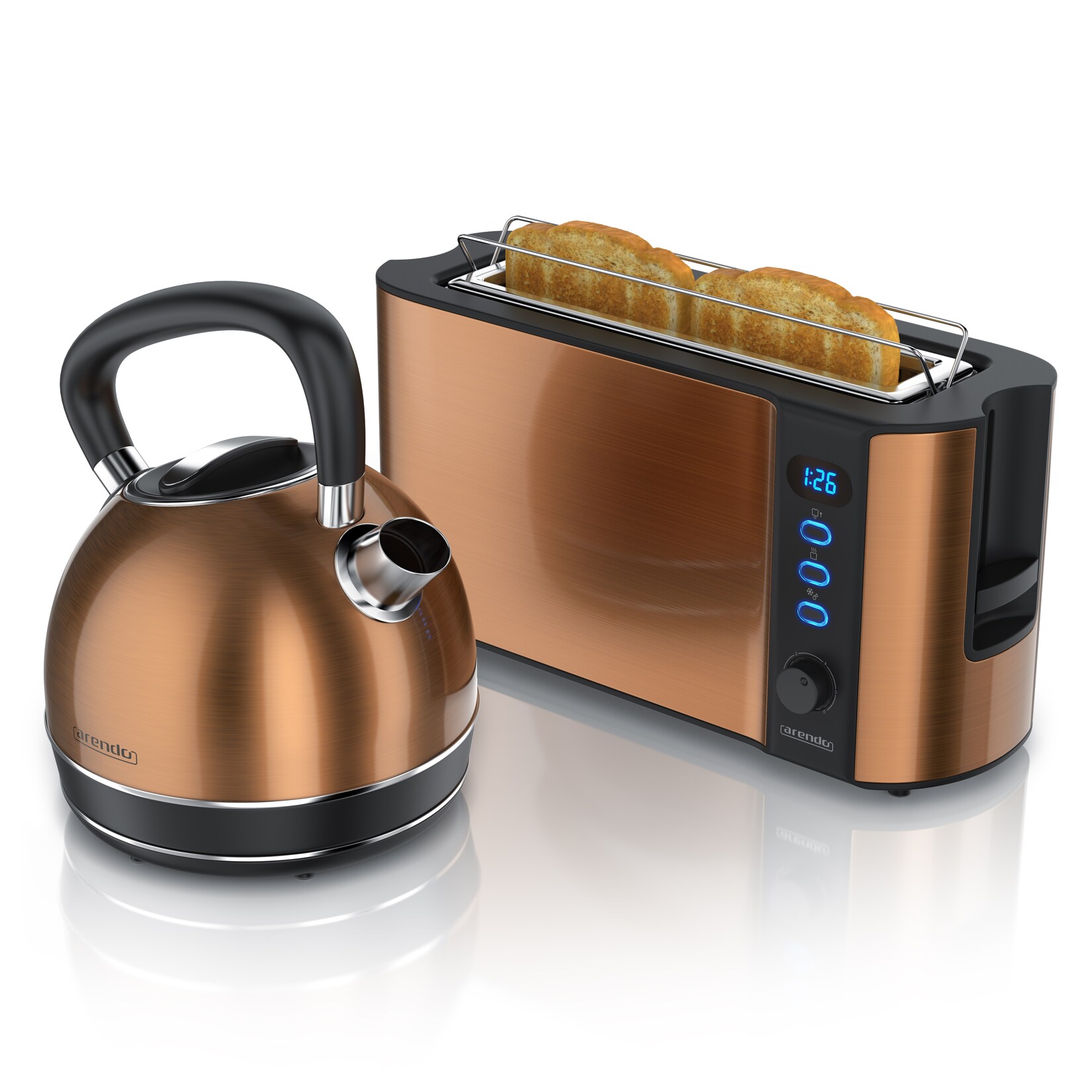 Frühstücks-Set 2-teilig in Kupferoptik - Edelstahl Wasserkocher & Langschlitztoaster