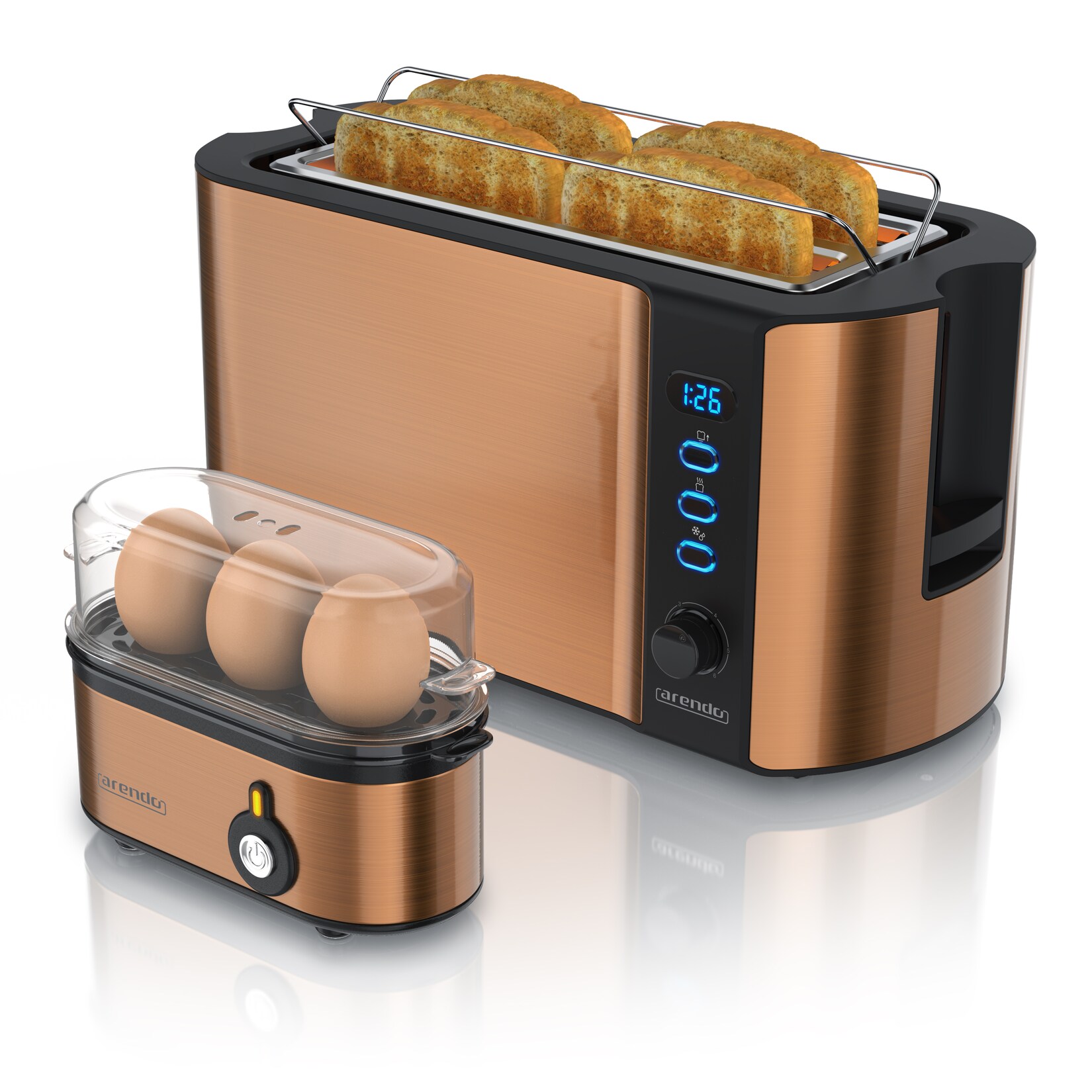 Frühstücks-Set 2-teilig, 4 Scheiben Langschlitz-Toaster 1500W, 3er Eierkocher, Kupfer