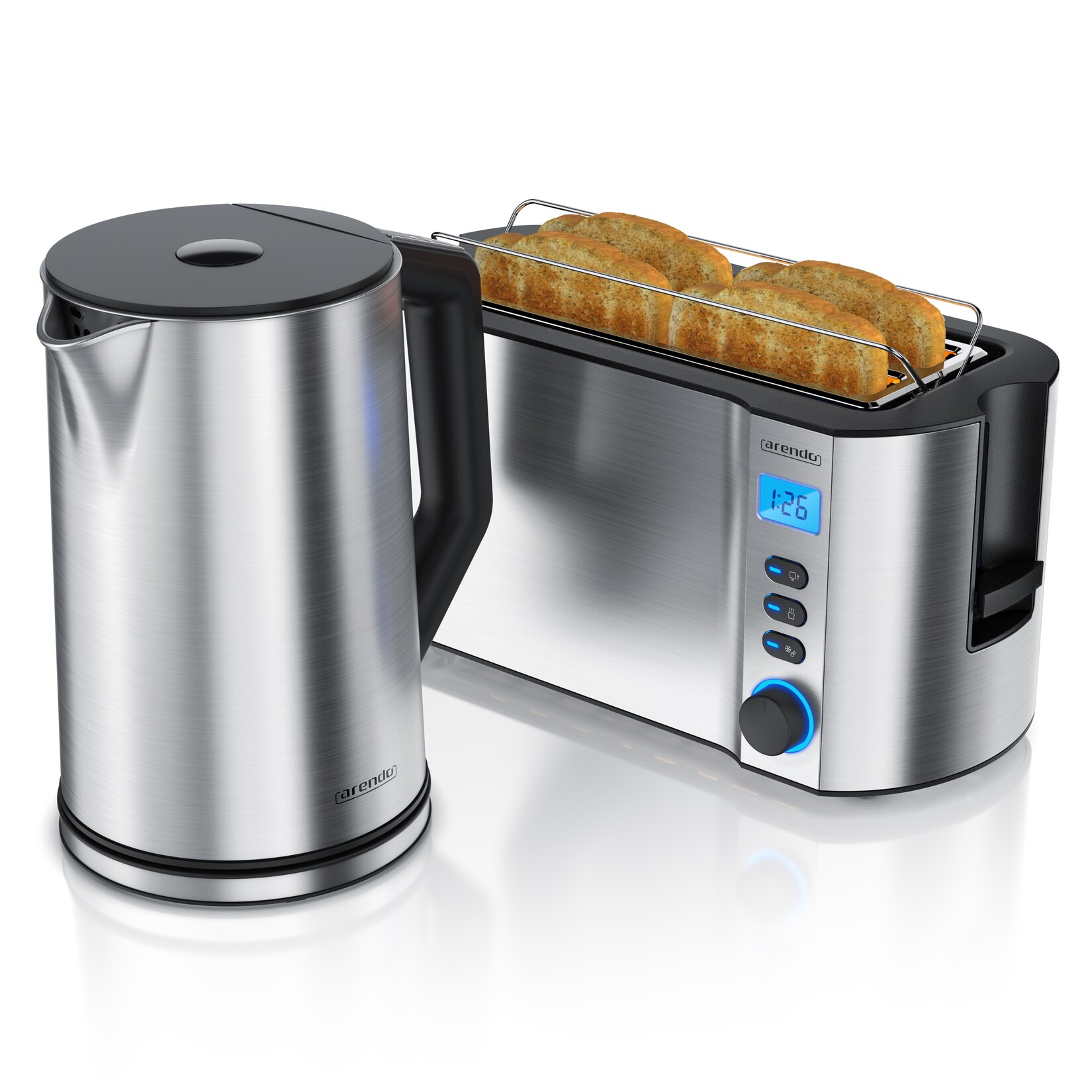 Frühstücksset 2-teilig, 4-Scheiben Langschlitztoaster MANHA + Edelstahl Wasserkocher , Silber