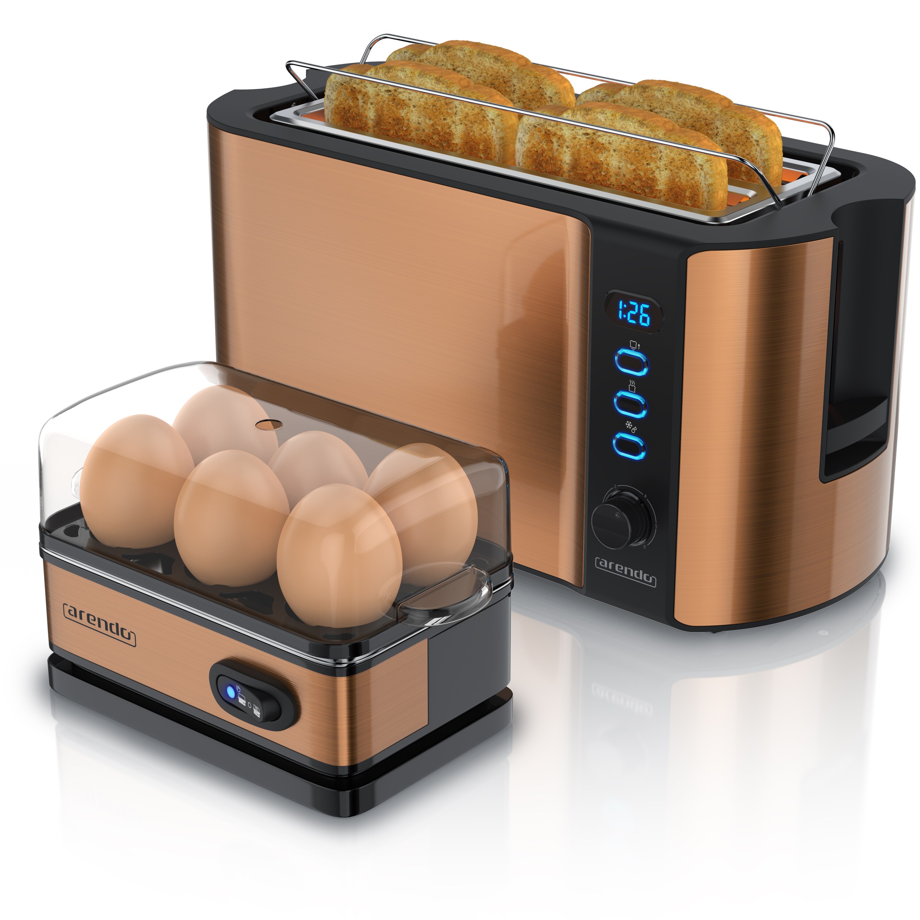 Arendo Fr&uuml;hst&uuml;cks-Set 2-teilig, 4-Scheiben Langschlitztoaster, 6er Eierkocher, Kupfer - Bild 1