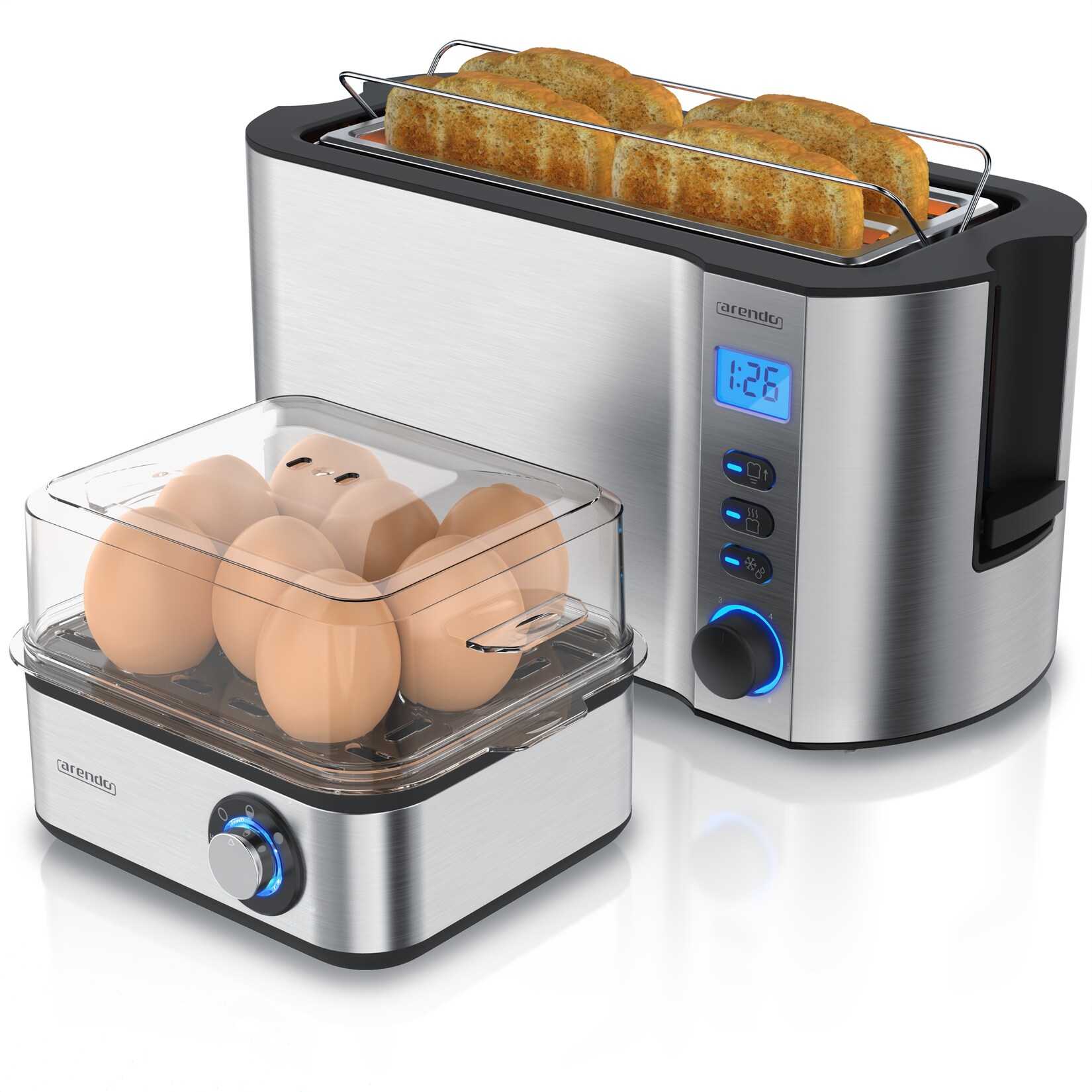 Frühstücksset 2-teilig, 4-Scheiben Langschlitztoaster, 8er Eierkocher, Silber