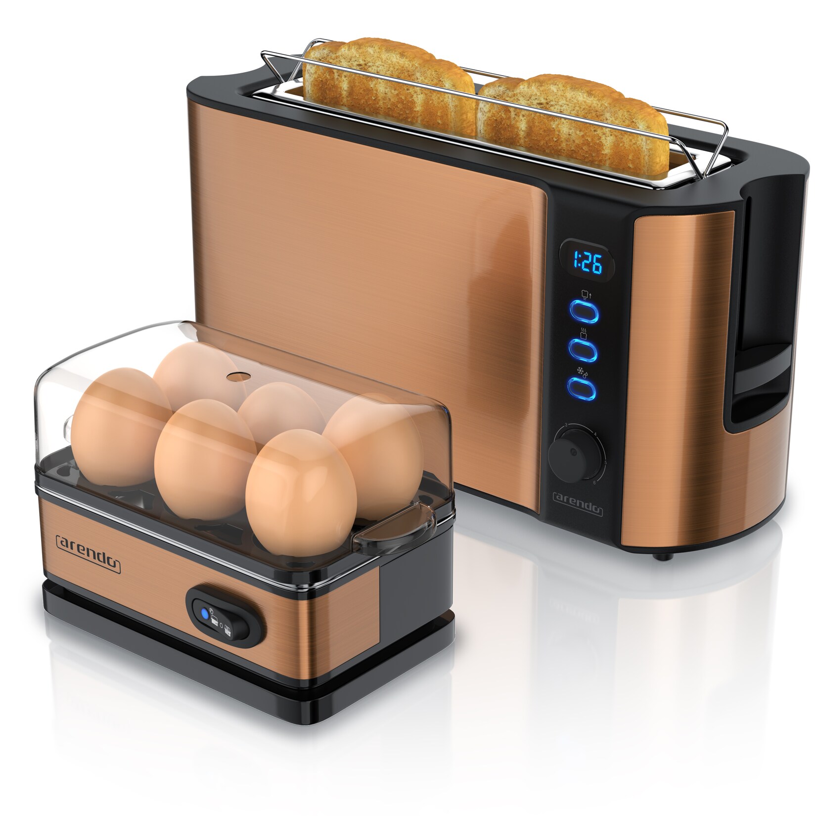 Frühstücks-Set 2-teilig, 6er Eierkocher SIXCOOK, 2-Scheiben Langschlitz Toaster, Kupfer