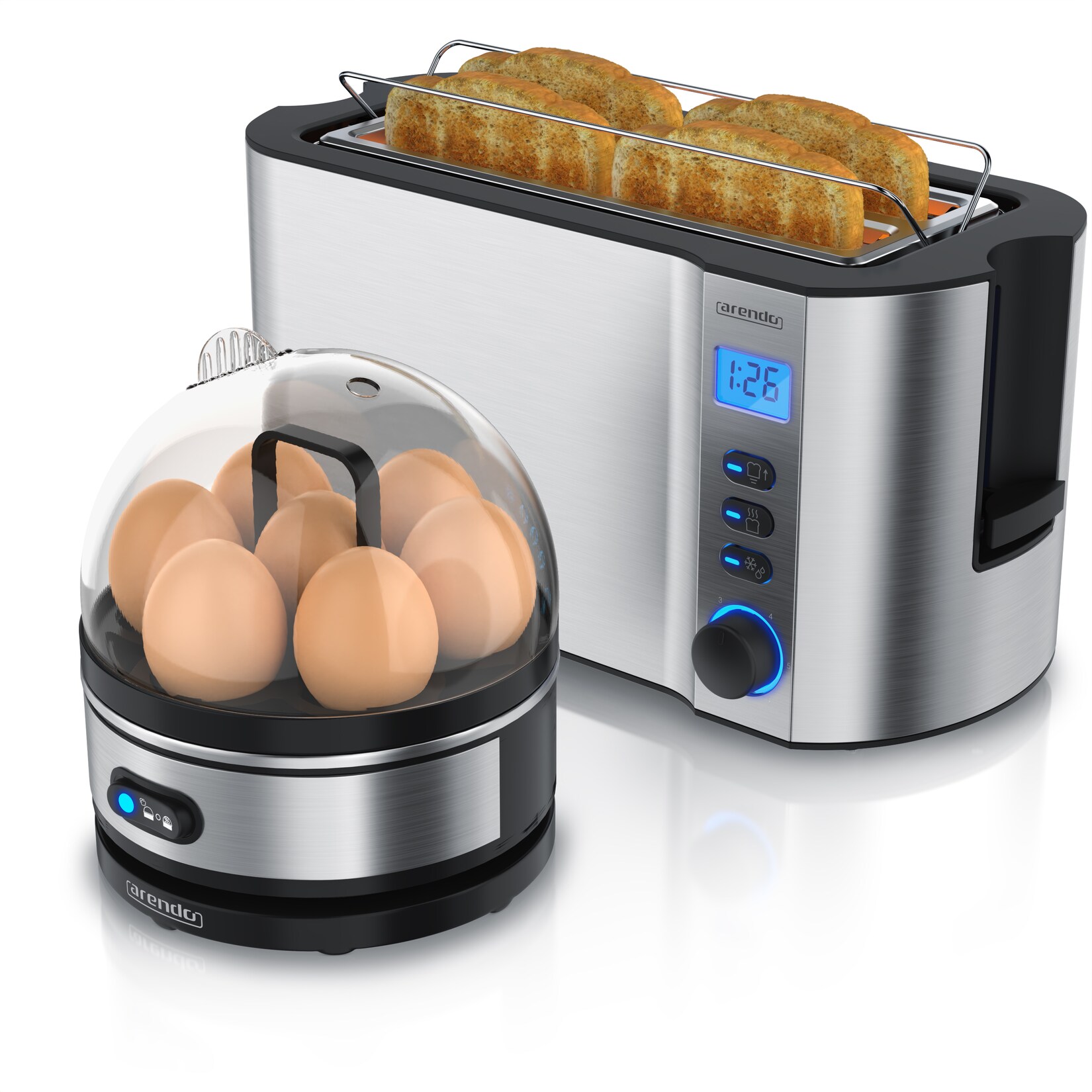 Arendo Frühstücksset 2-teilig, Eierkocher SEVENCOOK, 4-Scheiben Langschlitztoaster, Silber | 04062861804353