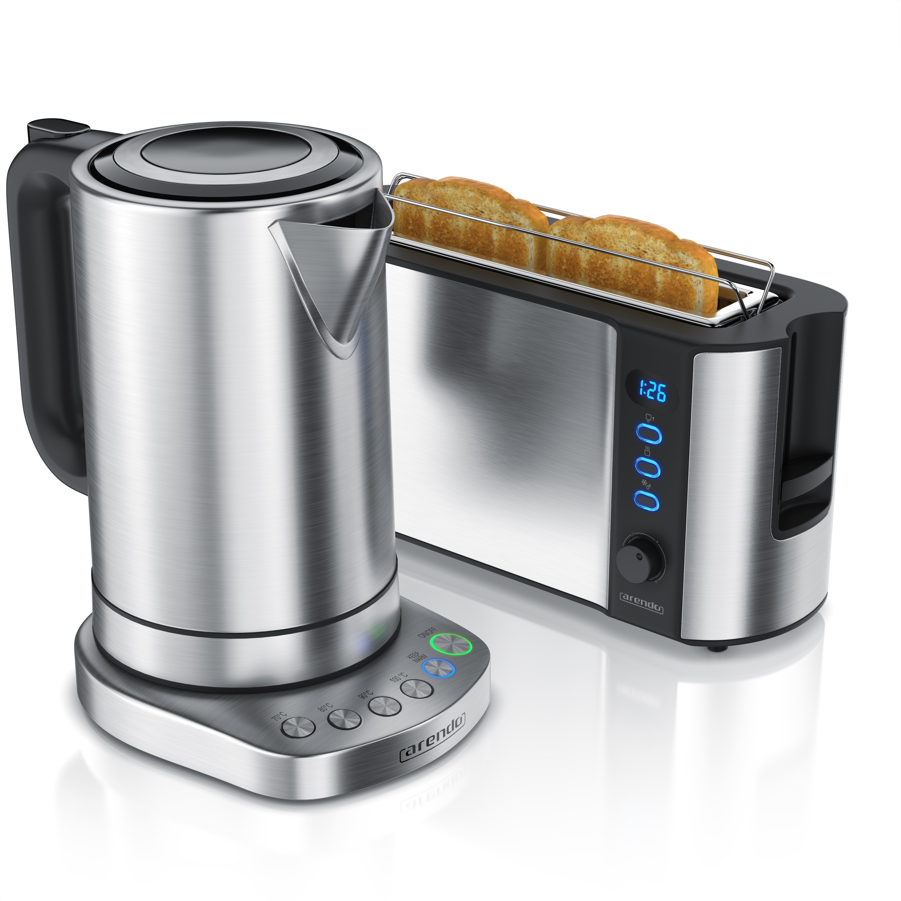 Arendo Fr&uuml;hst&uuml;cks-Set in Edelstahl Design - Wasserkocher mit Temperaturauswahl & Toaster - Bild 1