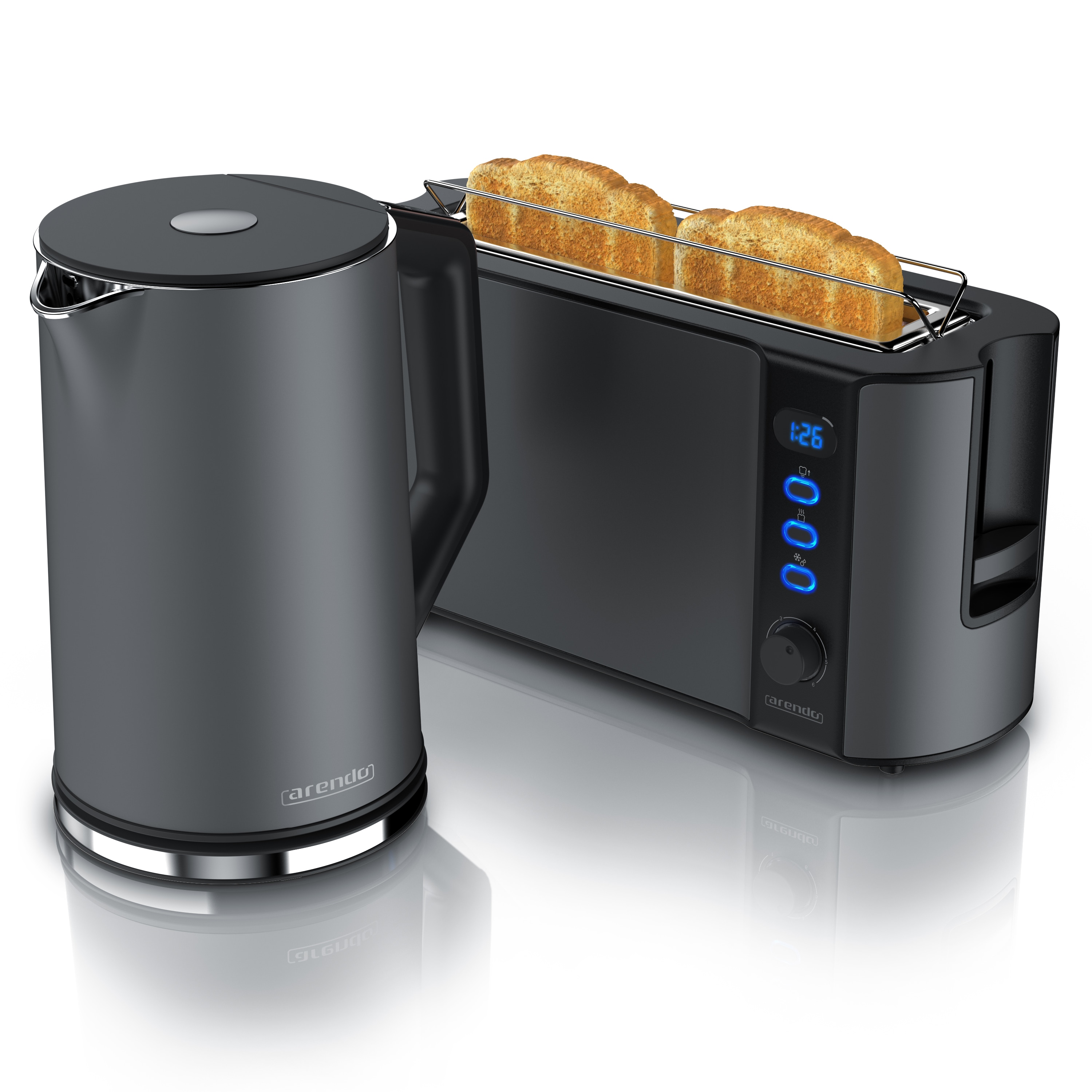 Arendo Fr&uuml;hst&uuml;cks-Set, 1,5L Edelstahl Wasserkocher & 2-Scheiben Langschlitz Toaster, Grau - Bild 1