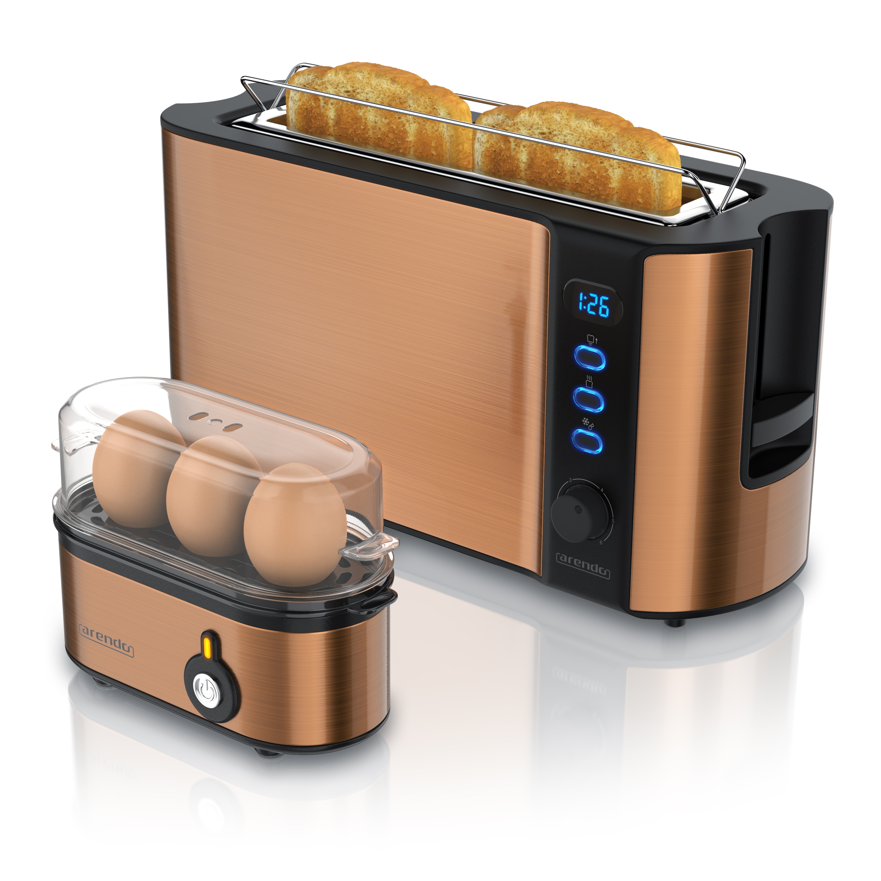 Arendo Fr&uuml;hst&uuml;cksset, 2-Scheiben Langschlitztoaster, Eierkocher THREECOOK, Kupfer - Bild 1