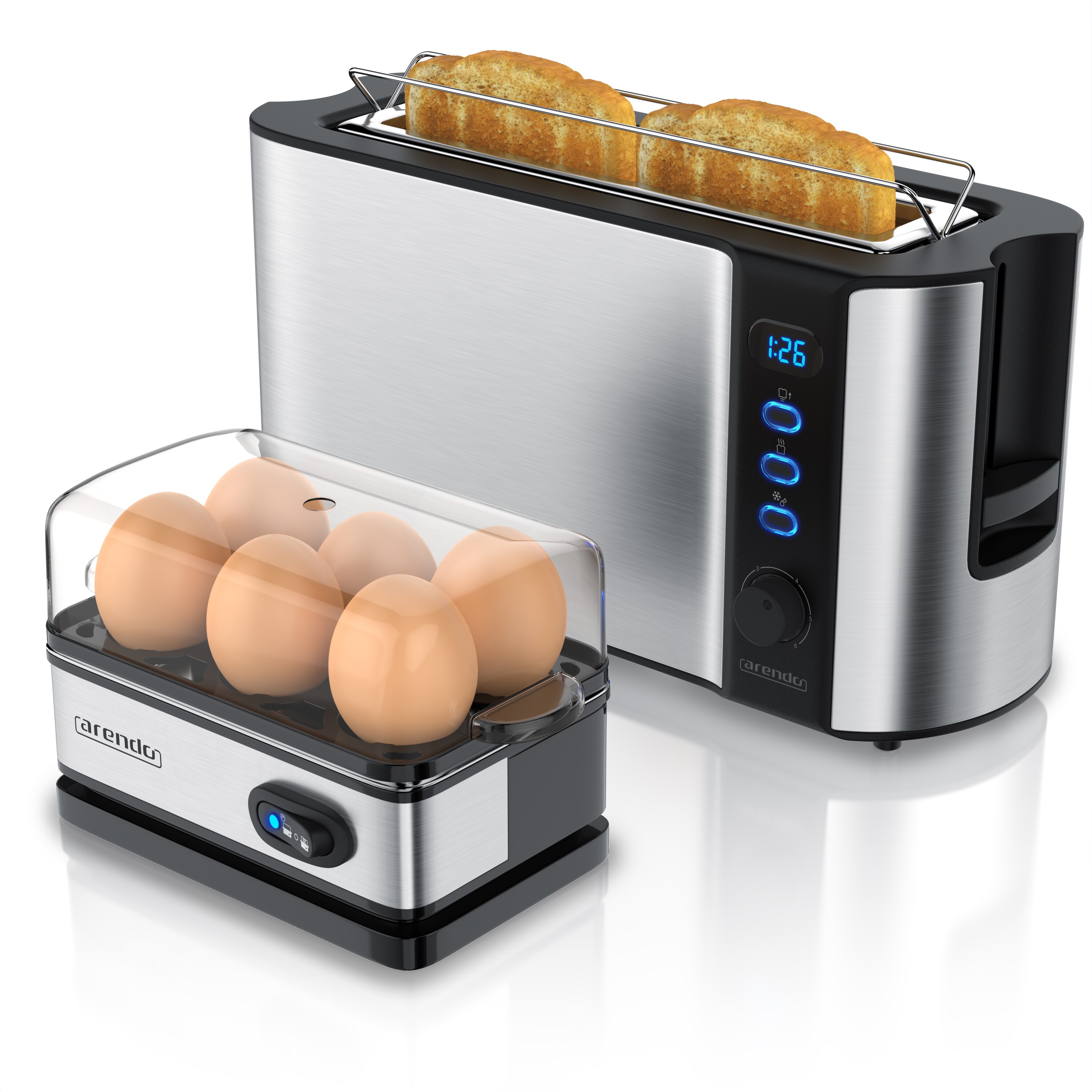 Arendo Fr&uuml;hst&uuml;cks-Set, 6er Eierkocher + 2-Scheiben Langschlitz Toaster FRUKOST, Silber - Bild 1