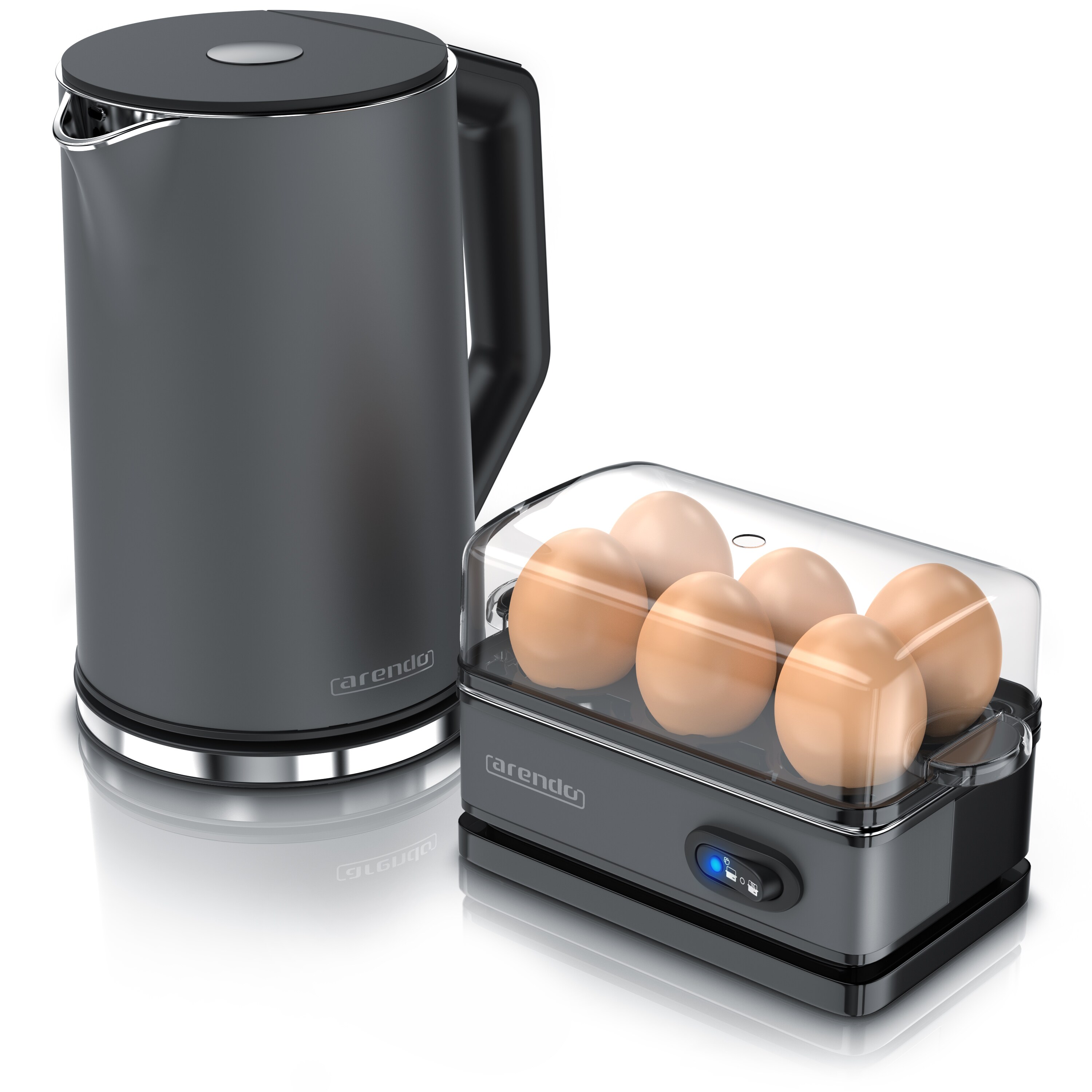 Arendo Fr&uuml;hst&uuml;cksset, 6er Eierkocher SIXCOOK, 1,5L Edelstahl Wasserkocher, Grau - Bild 1