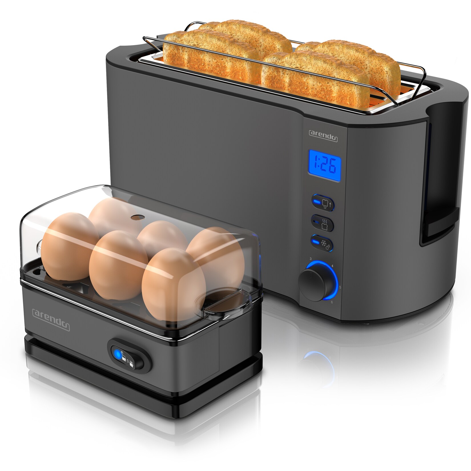 Frühstücks-Set, 6er Eierkocher SIXCOOK, Langschlitztoaster 4-Scheiben, Grau