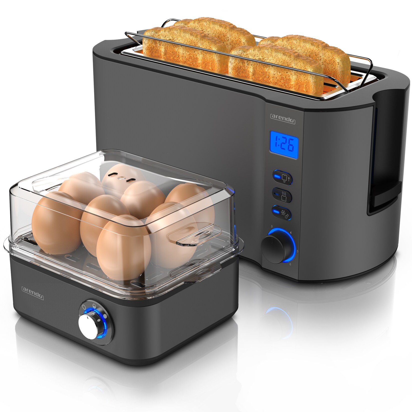 Frühstücks-Set, 8er Eierkocher + Langschlitz Toaster für 4 Scheiben, Grau