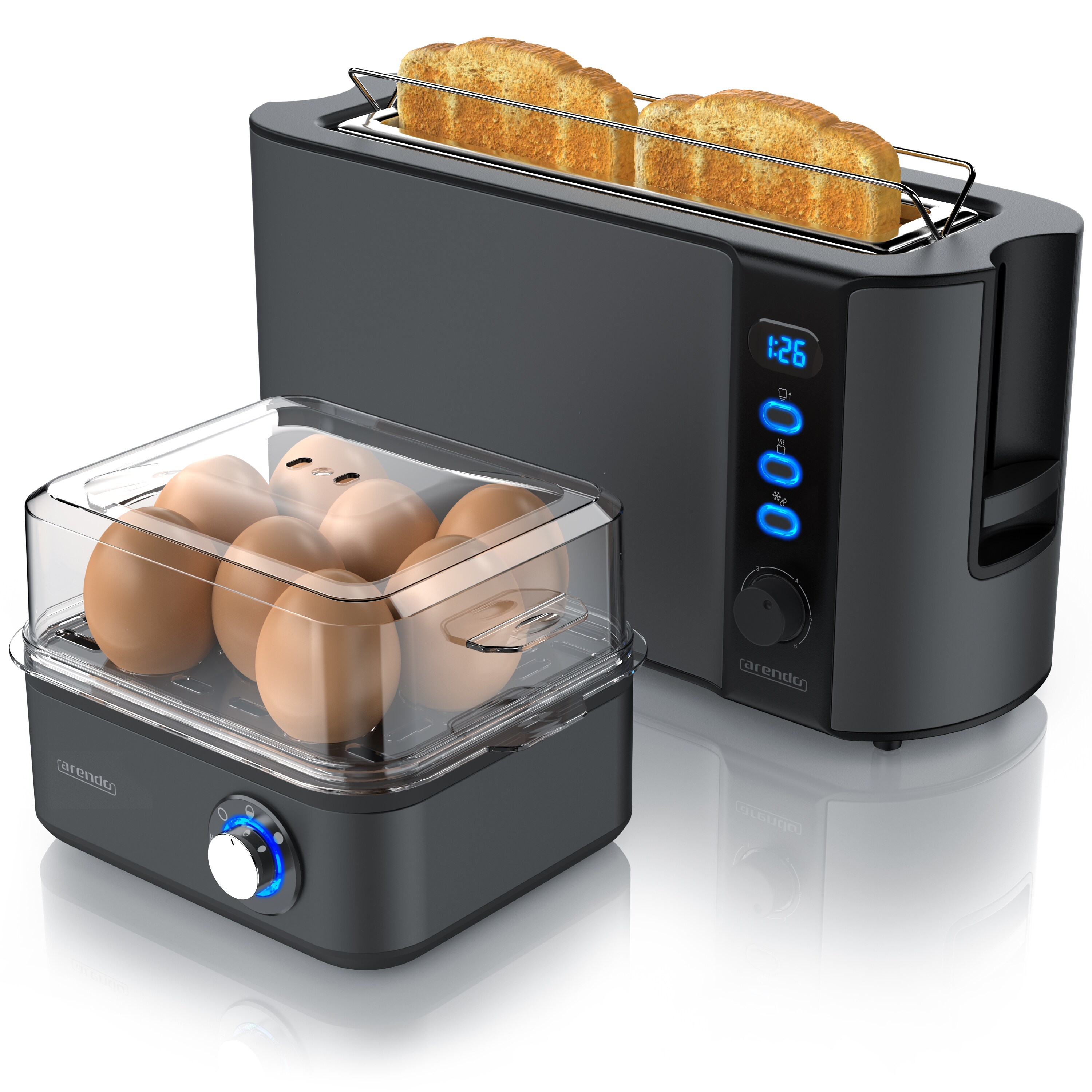 Arendo Fr&uuml;hst&uuml;cks-Set, Eierkocher EIGHTCOOK, 2-Scheiben Langschlitz Toaster, Grau - Bild 1